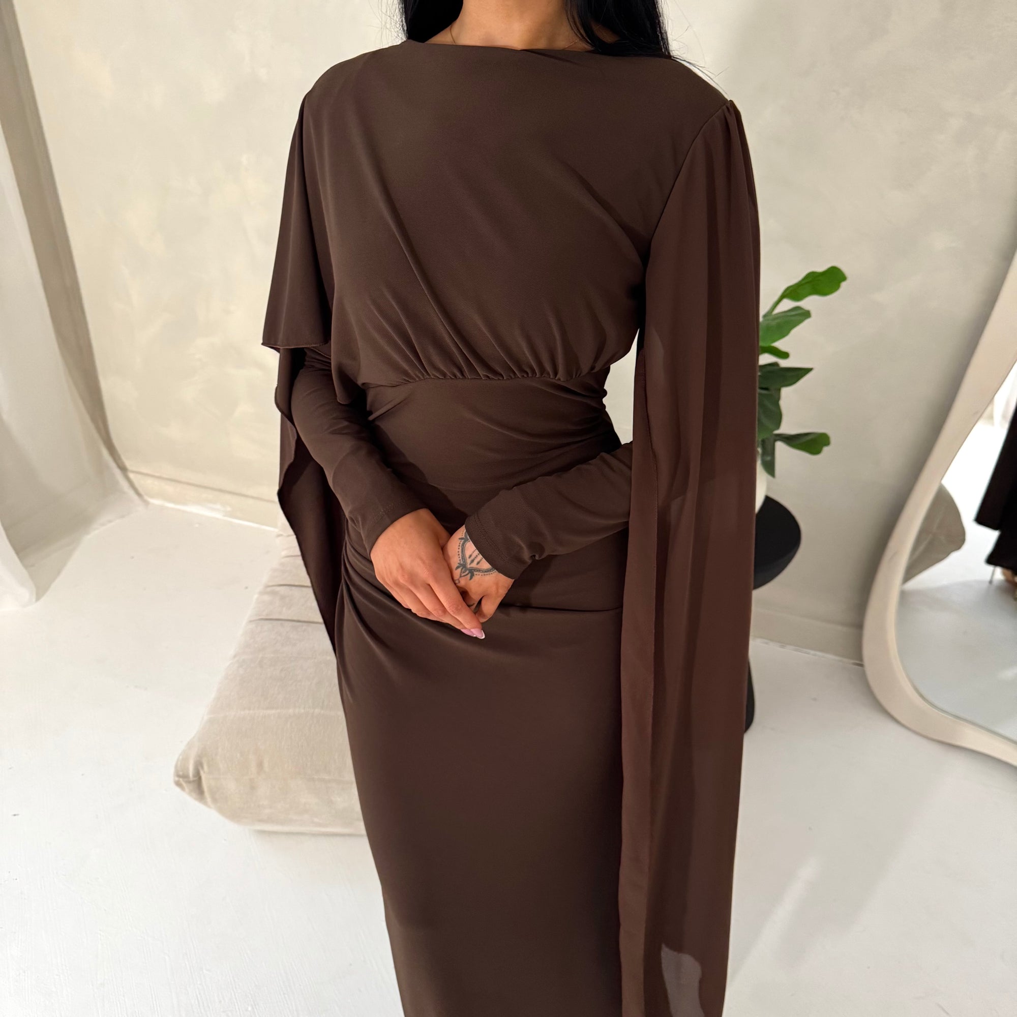 ruched cape dress Asymmetric Ruched Cape Maxi Dress Powder Blush / S