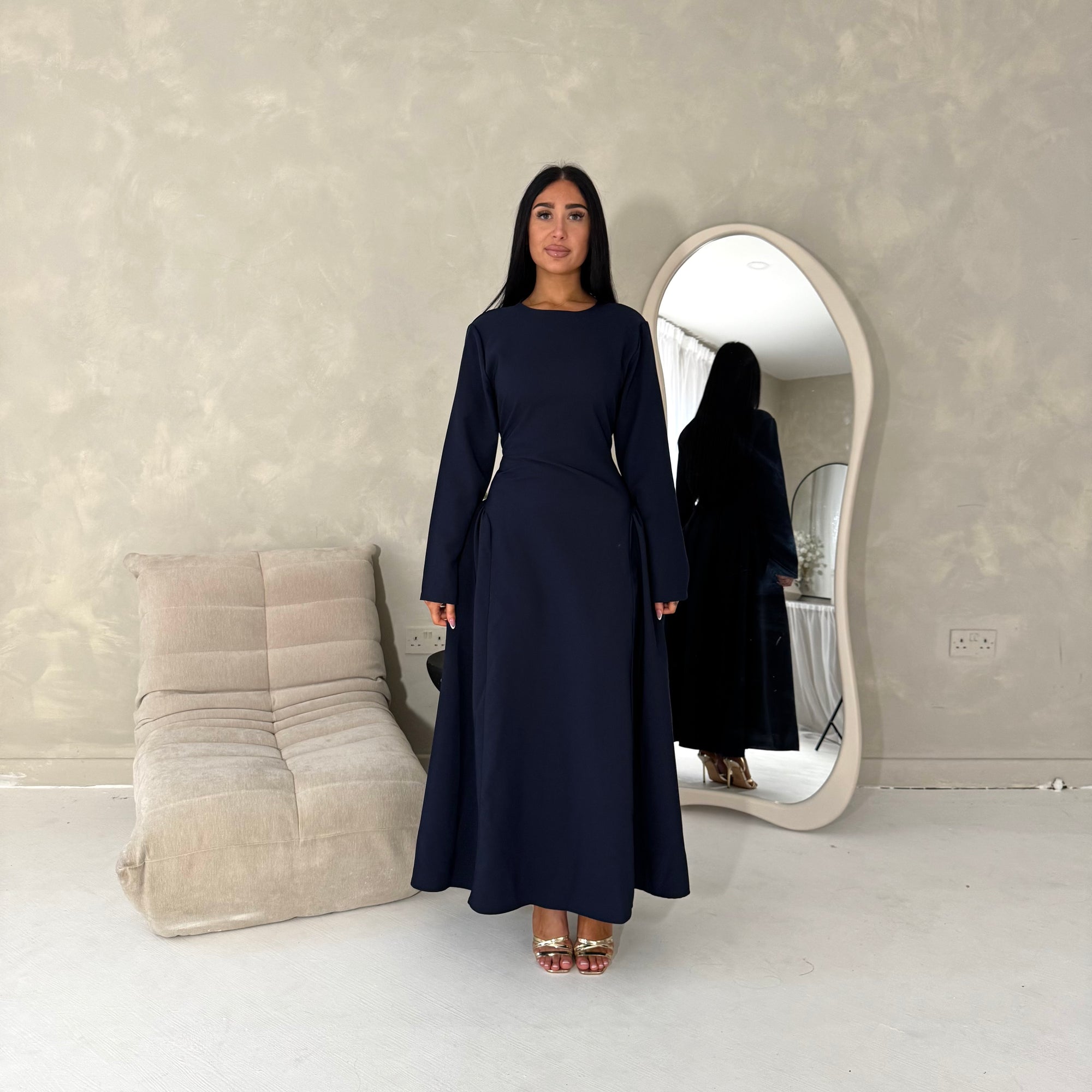 Marnia Navy A Line Tie Back Side Gather Dress