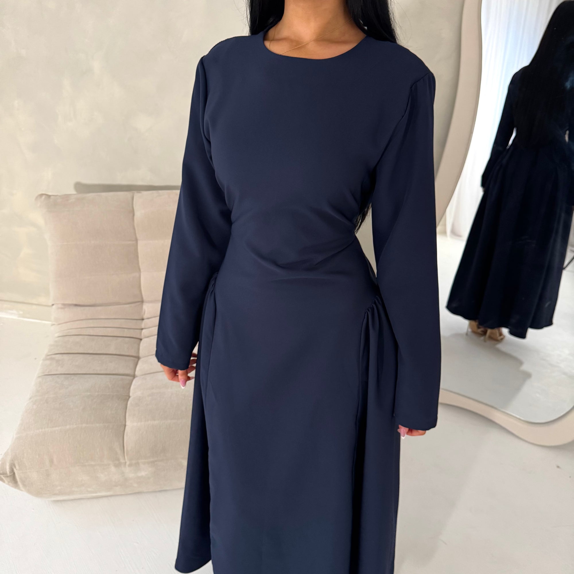 Marnia Navy A Line Tie Back Side Gather Dress