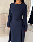 Marnia Navy A Line Tie Back Side Gather Dress