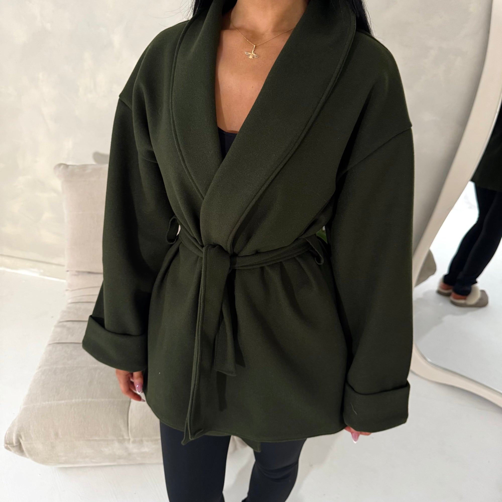 Tamara Khaki Wrap Belted Short Coat