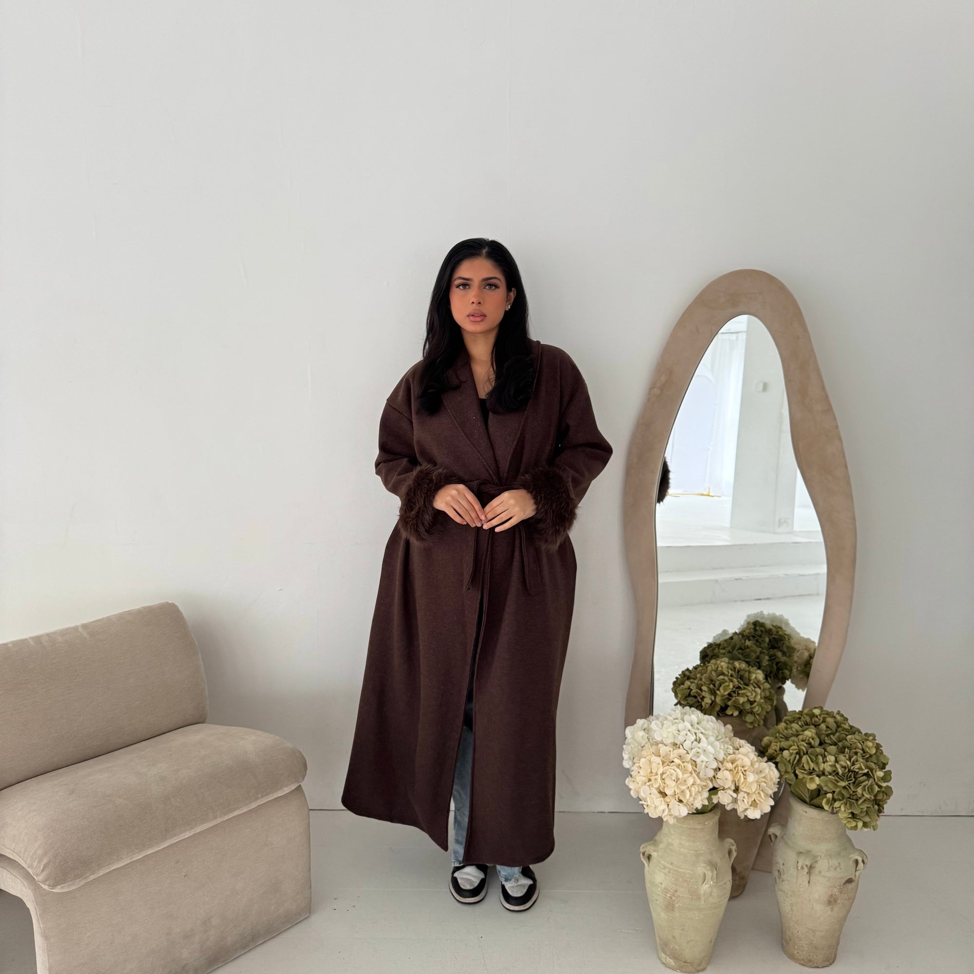 Mona Brown Fur Sleeve Belted Coat
