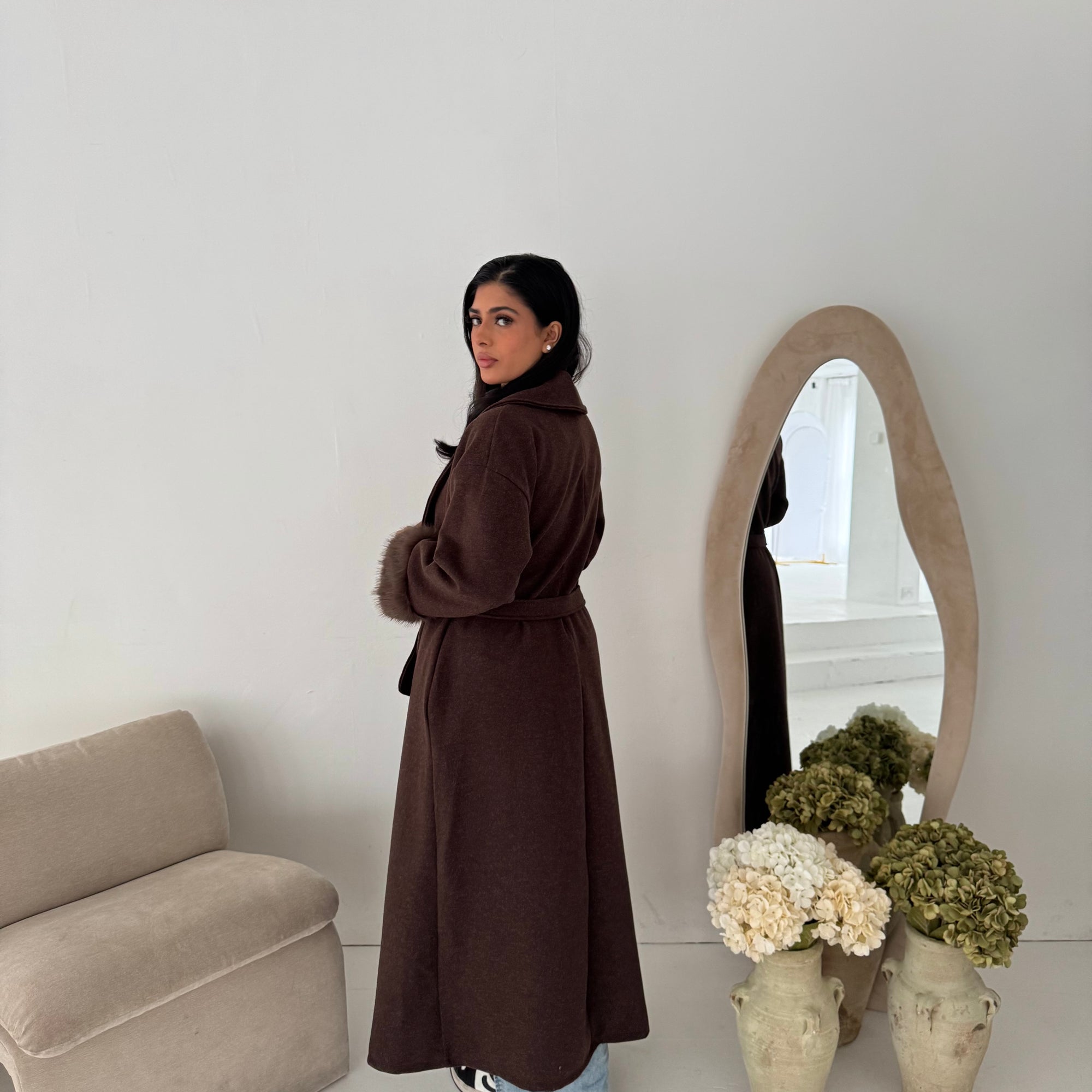 Mona Brown Fur Sleeve Belted Coat