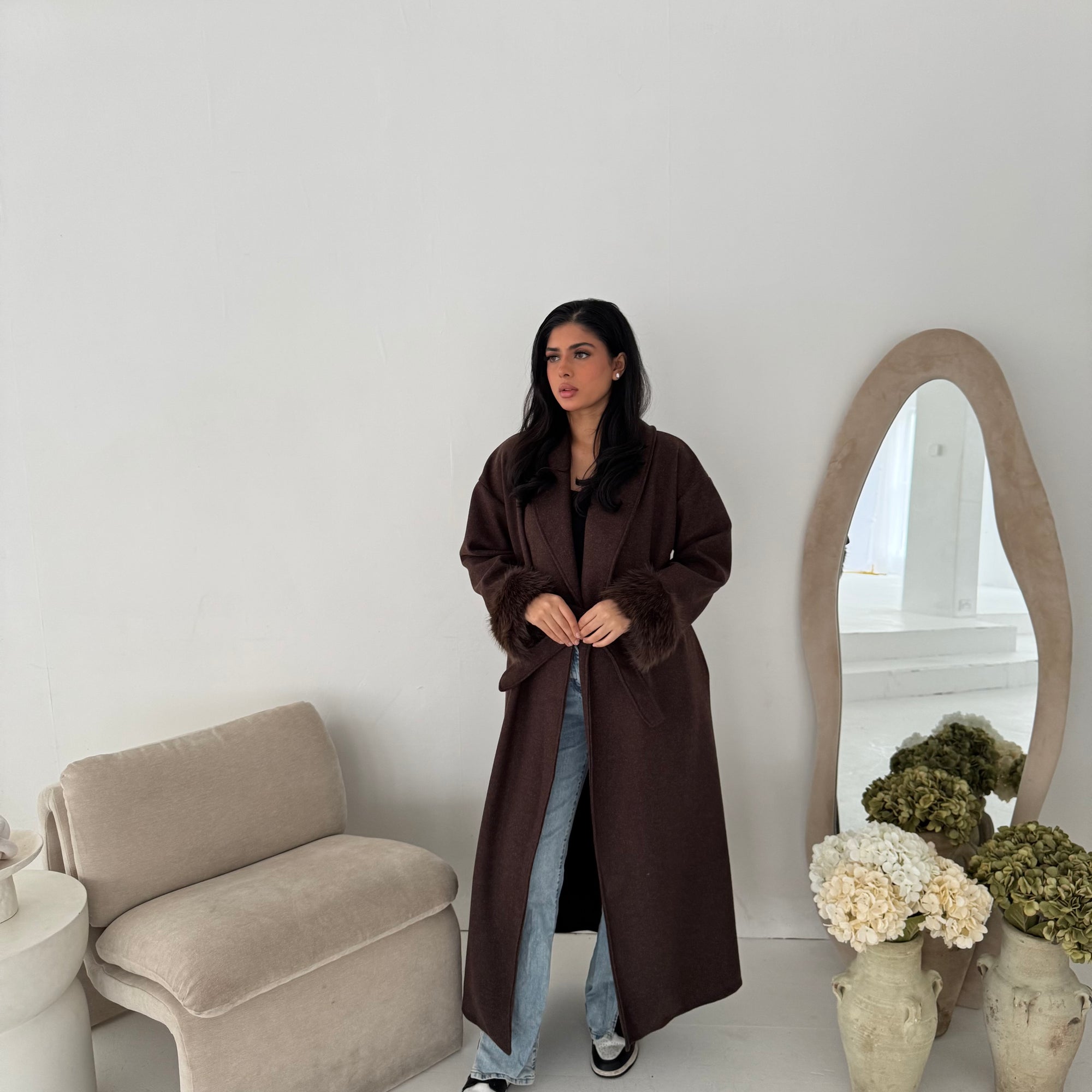 Mona Brown Fur Sleeve Belted Coat