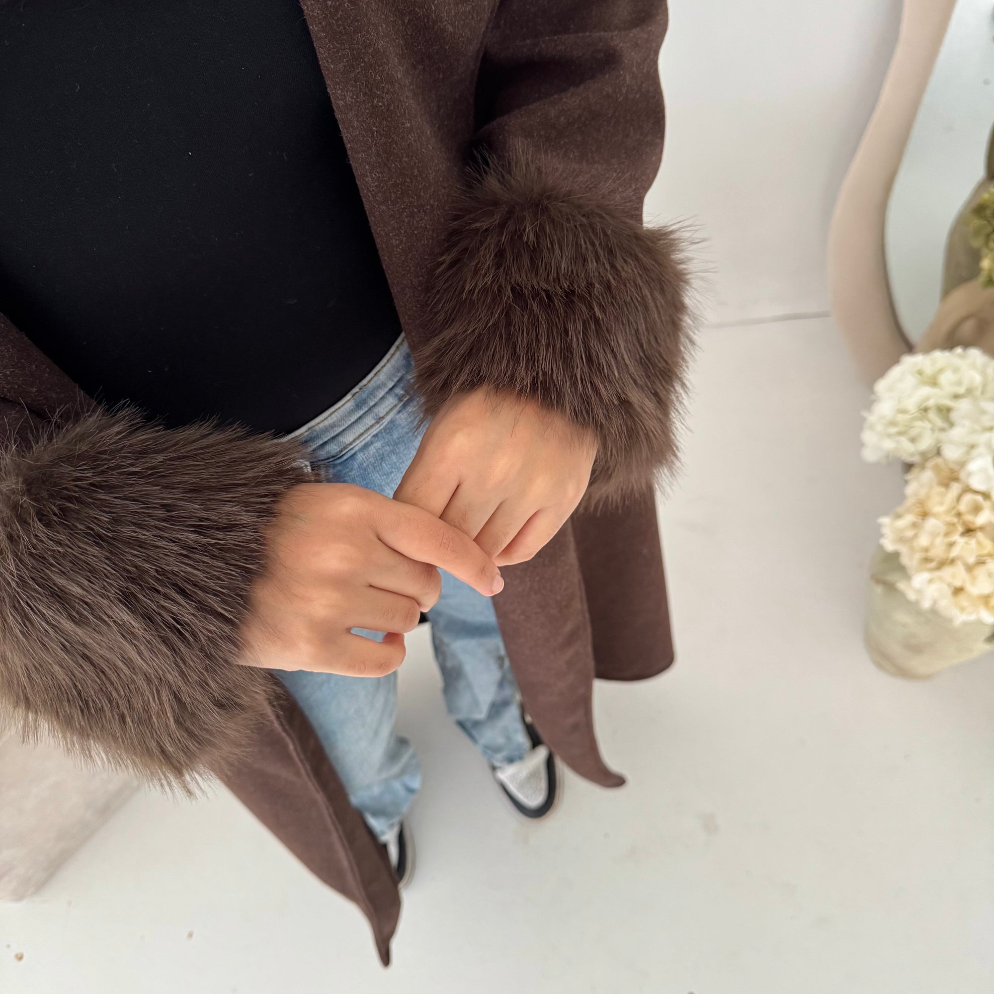 Mona Brown Fur Sleeve Belted Coat