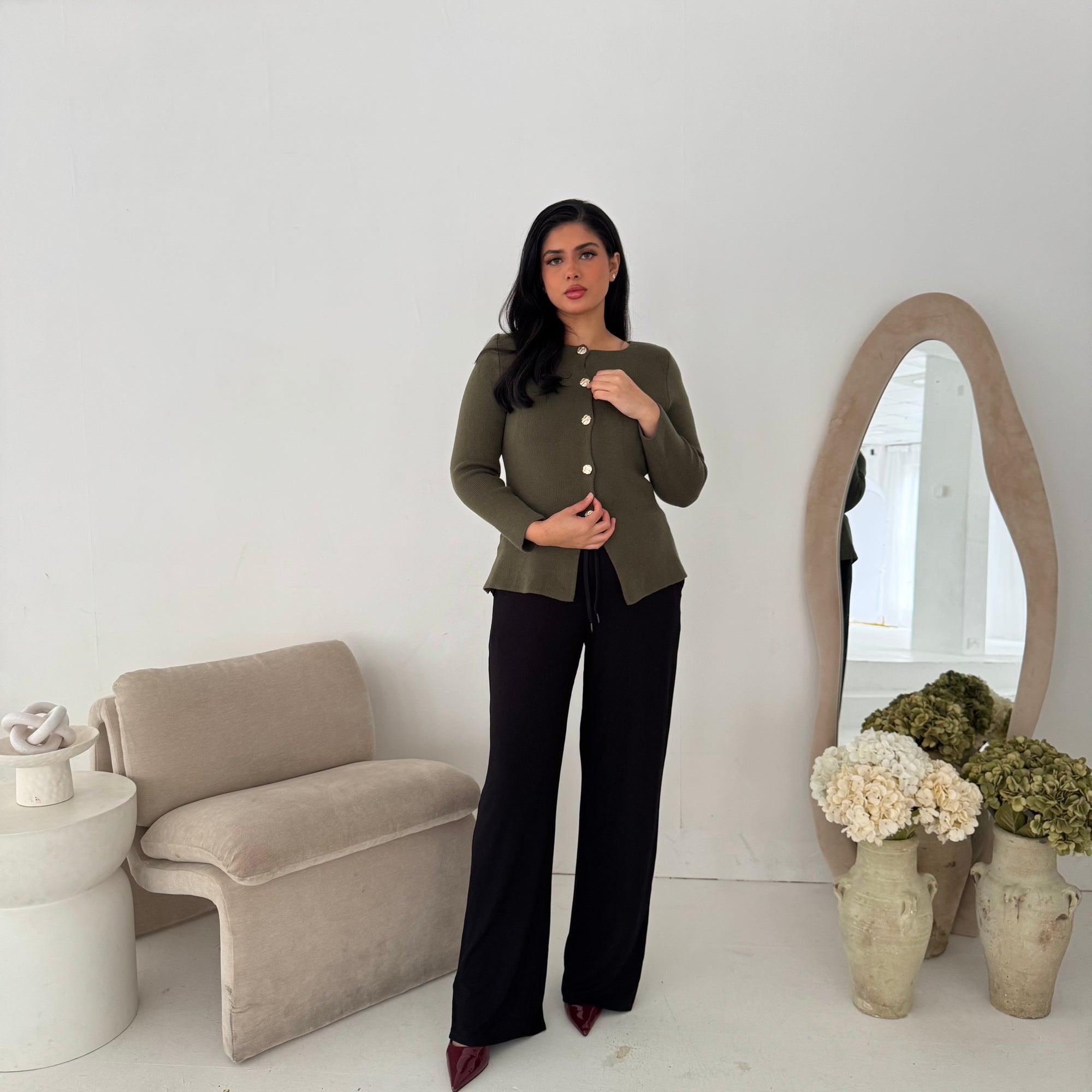 Kisa Khaki Gold Button Knitted Cardigan