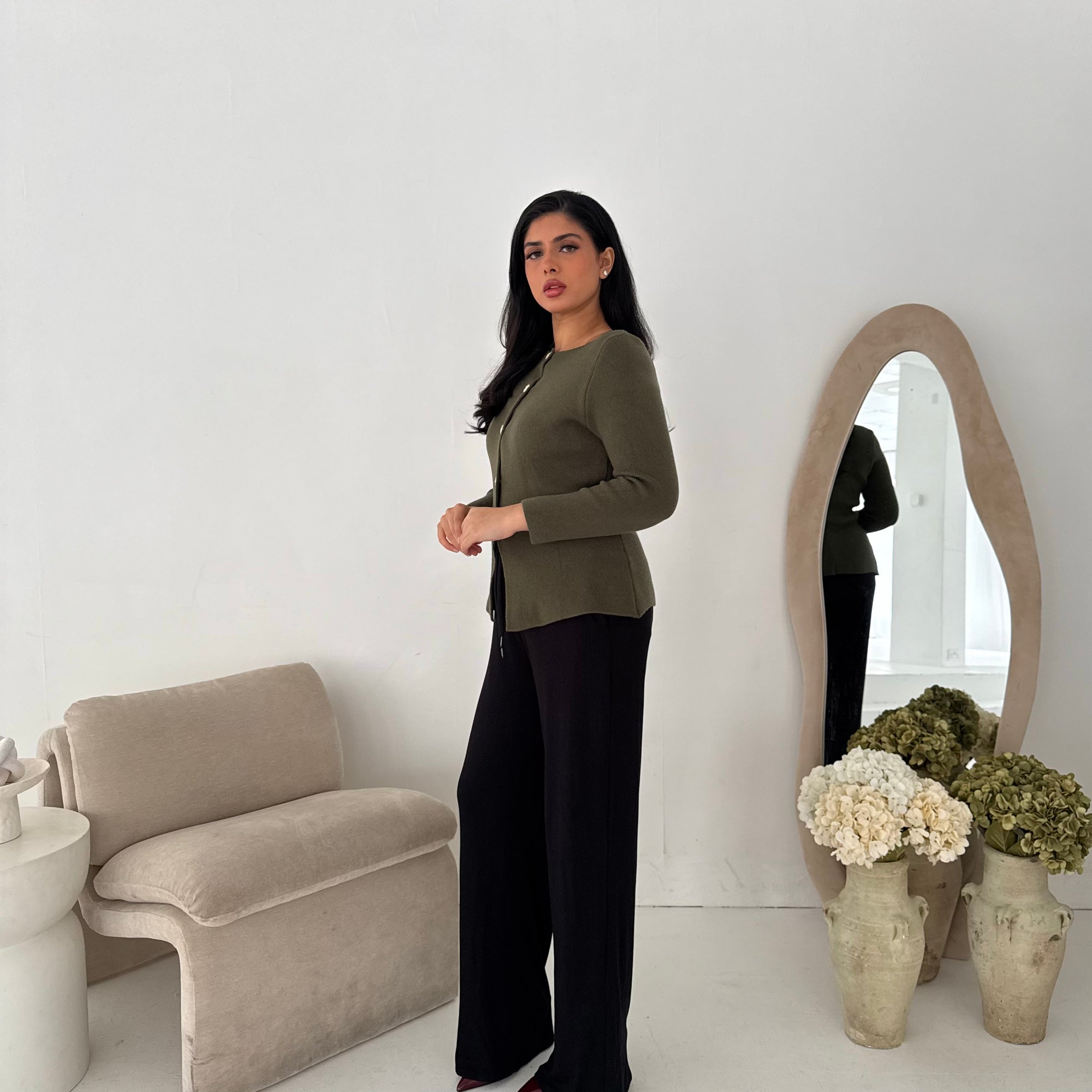 Kisa Khaki Gold Button Knitted Cardigan