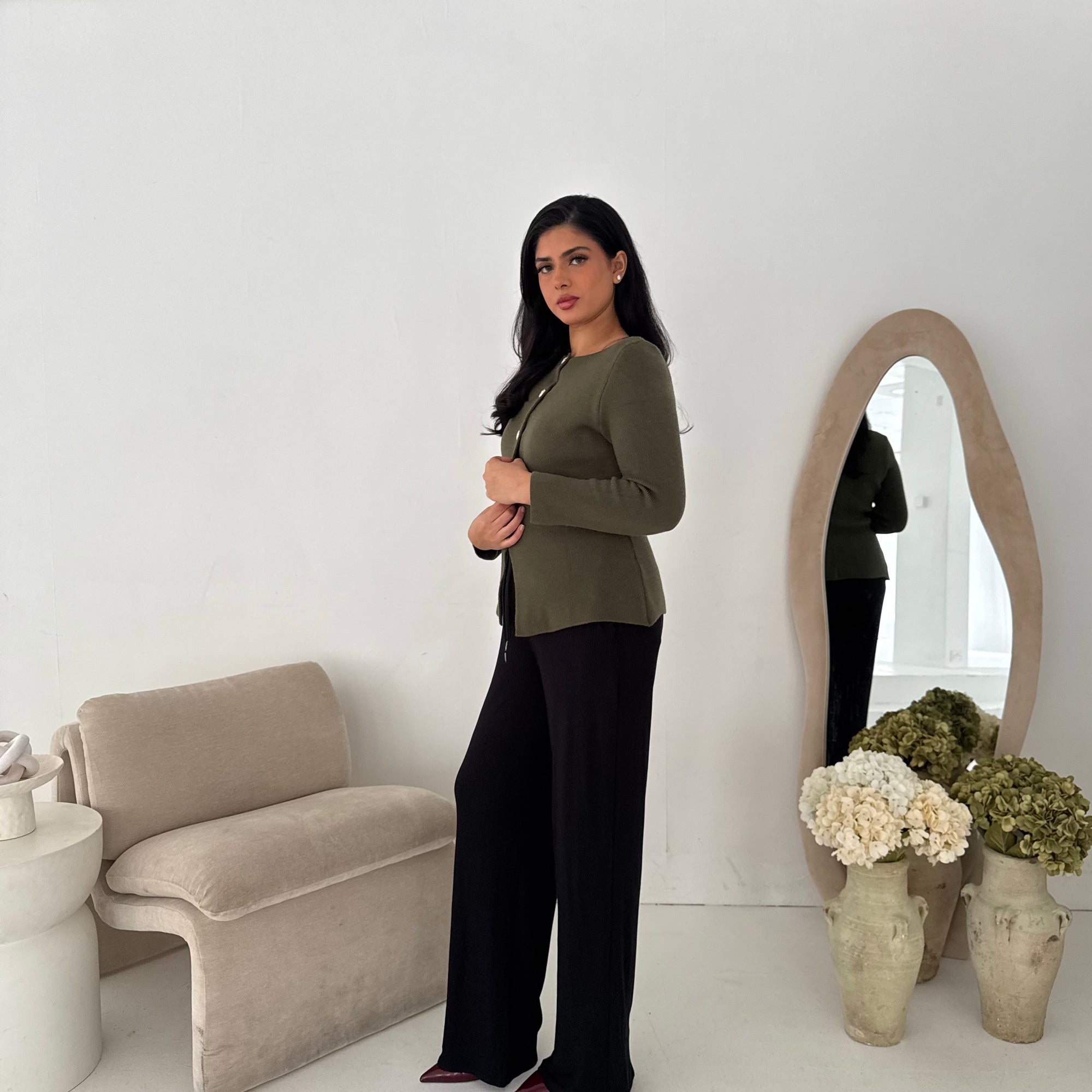 Kisa Khaki Gold Button Knitted Cardigan