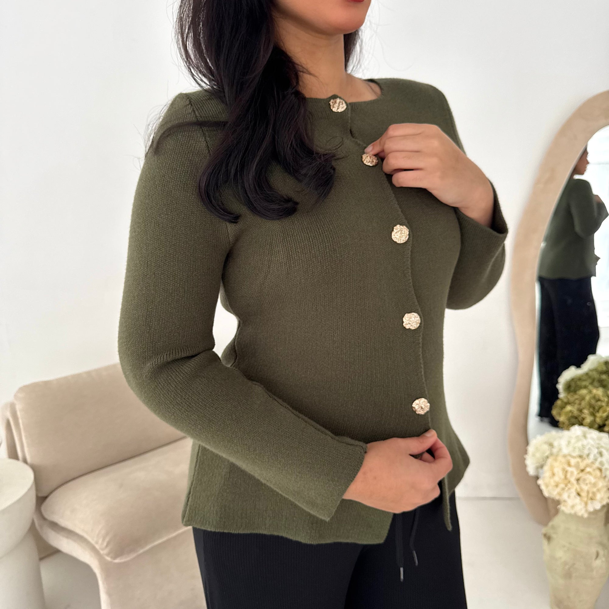 Kisa Khaki Gold Button Knitted Cardigan