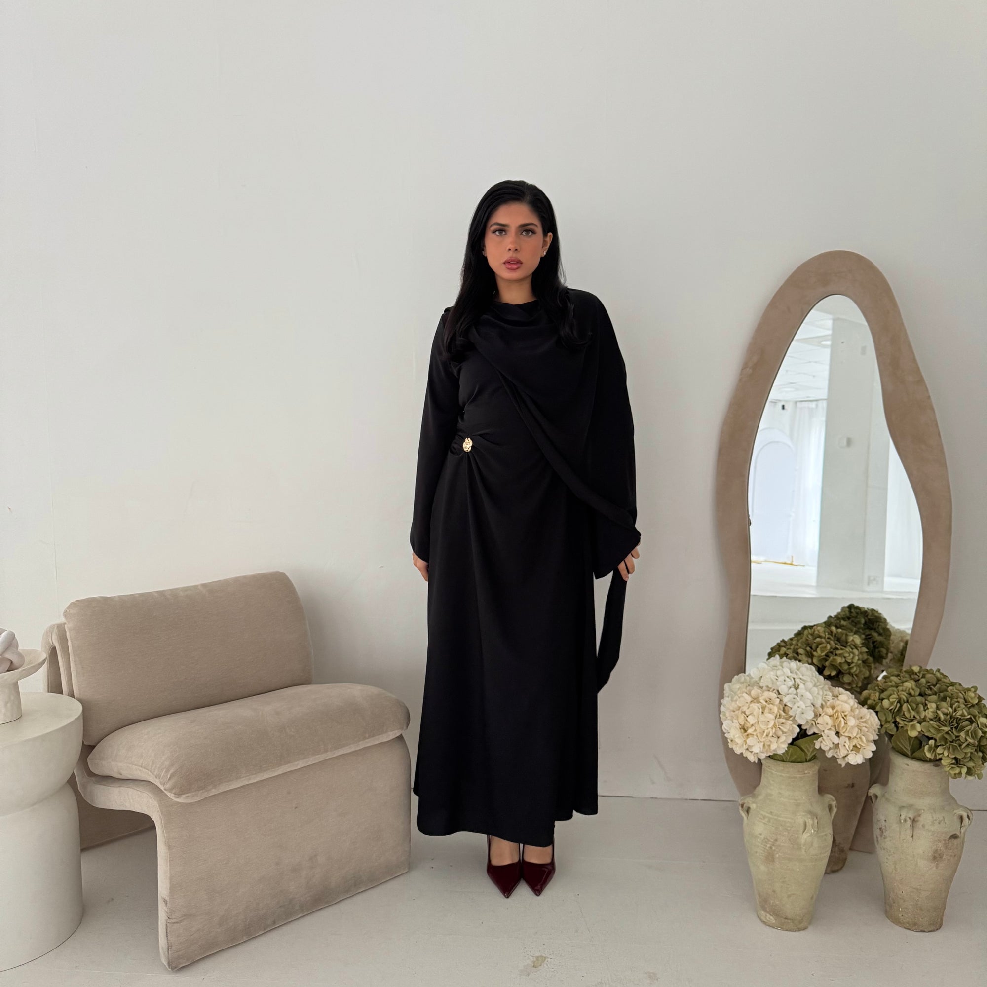 black drape dress Nevin Black Gold Buckle One Side Drape Dress – House Of Haniya