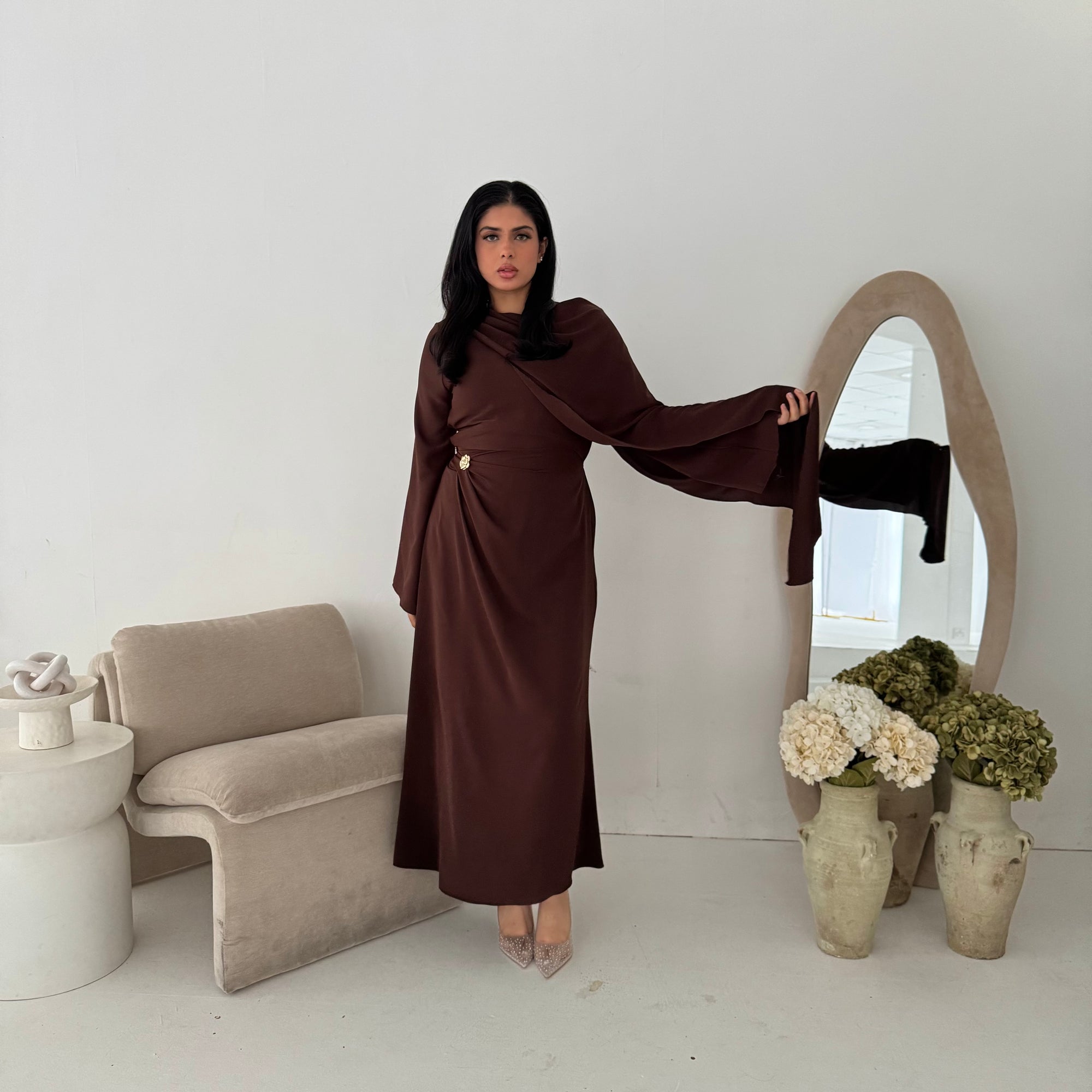 Nevin Brown Gold Buckle One Side Drape Dress