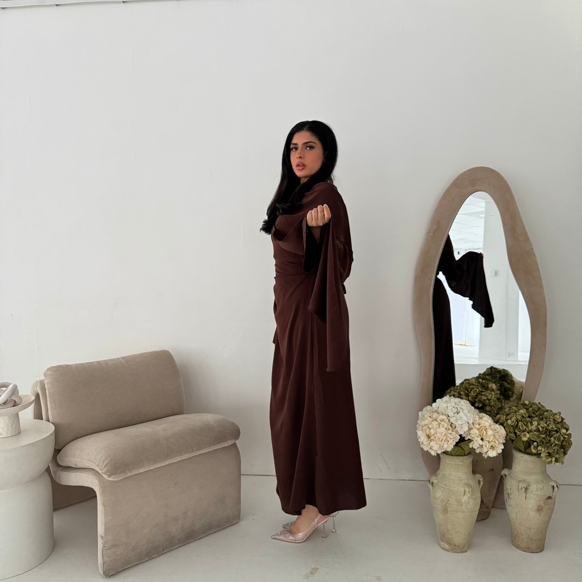 Nevin Brown Gold Buckle One Side Drape Dress