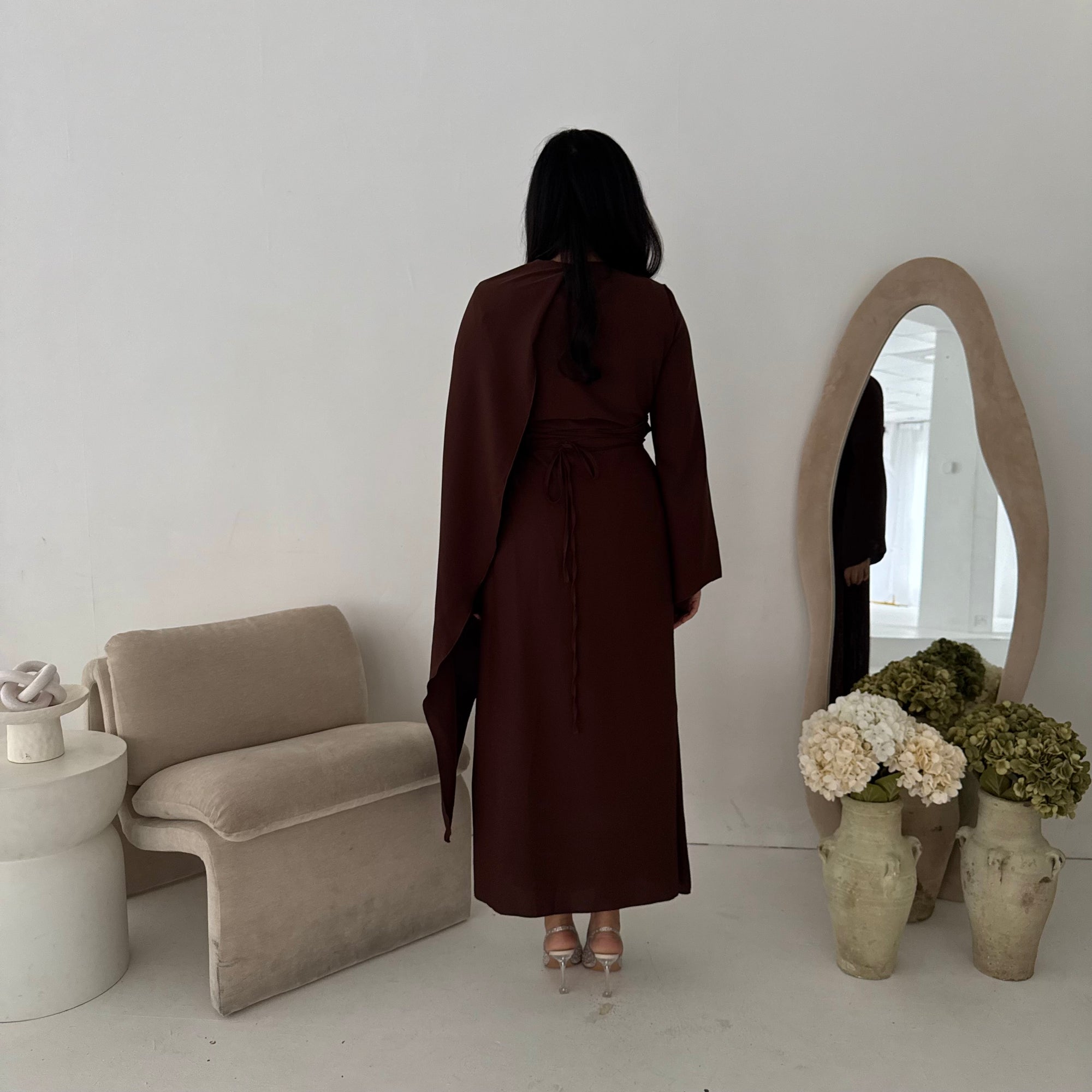 Nevin Brown Gold Buckle One Side Drape Dress