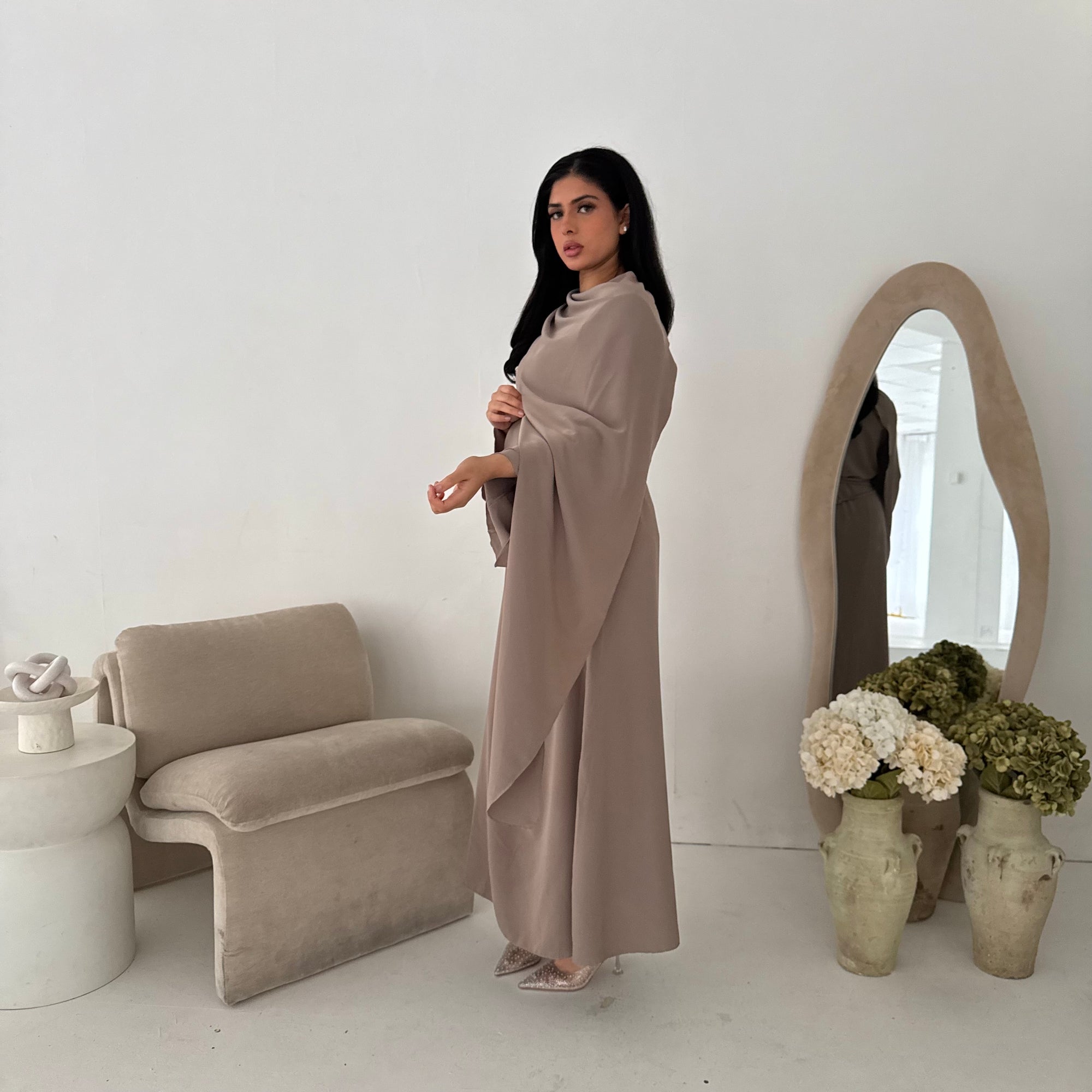 Nevin Mocha Gold Buckle One Side Drape Dress