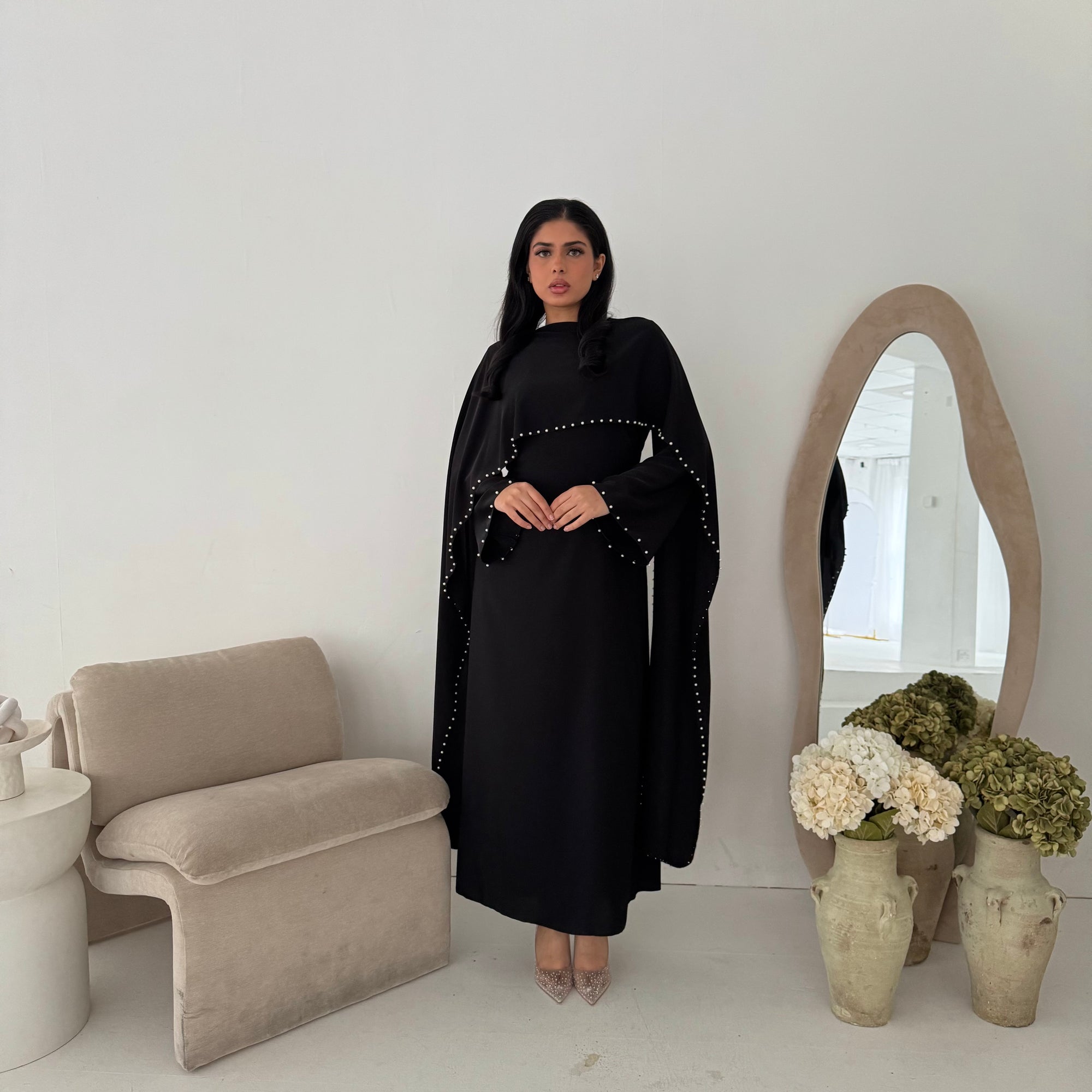 Sherin Black Pearl Detail Modest Dress – House Of Haniya