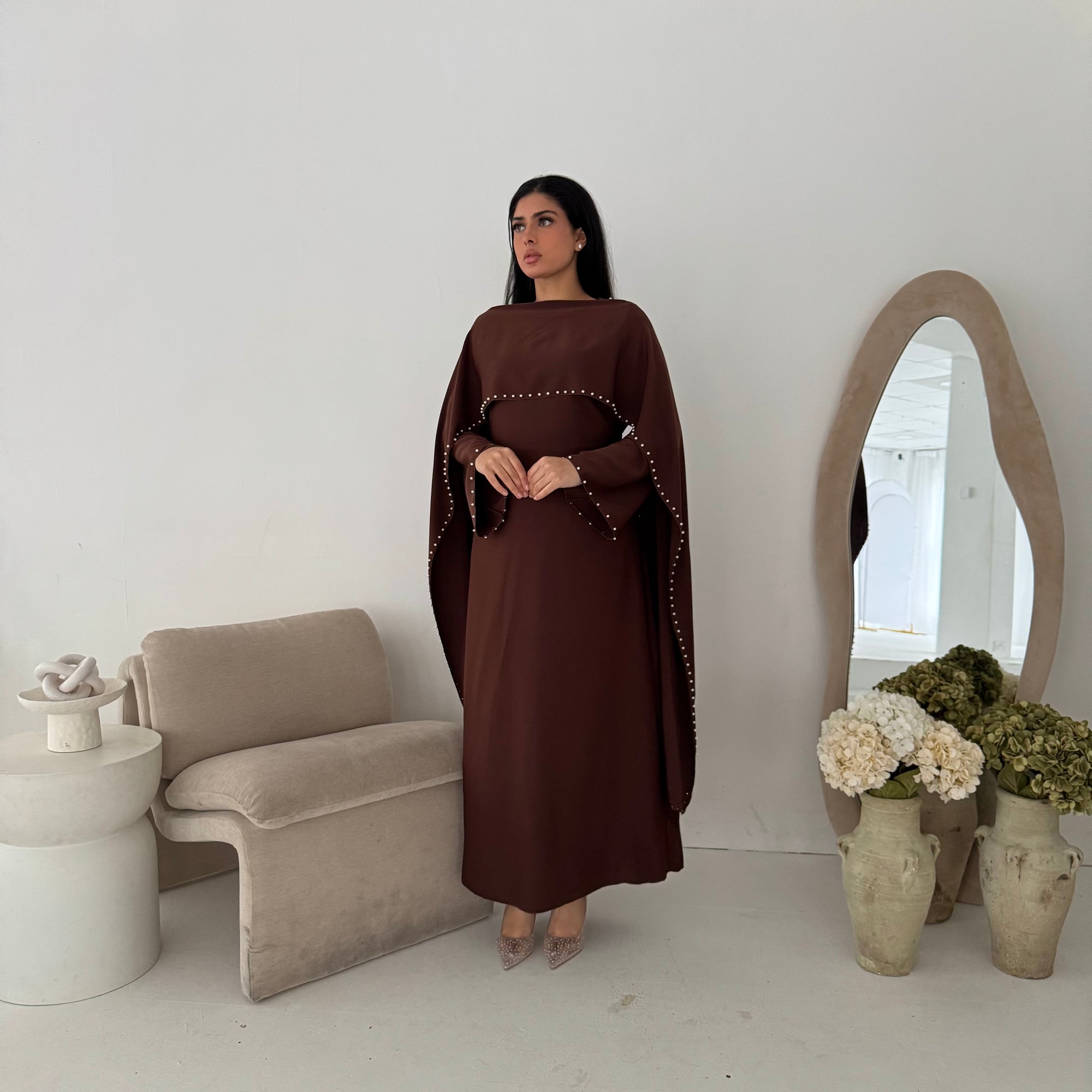 Sherin Brown Pearl Detail Modest Dress – House Of Haniya Sherin Brown Pearl Detail Modest Dress – House Of Haniya