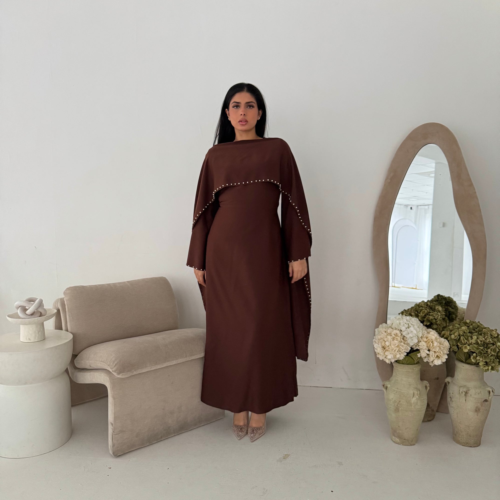 Sherin Brown Pearl Detail Modest Dress House Of Haniya Sherin Brown Pearl Detail Modest Dress House Of Haniya