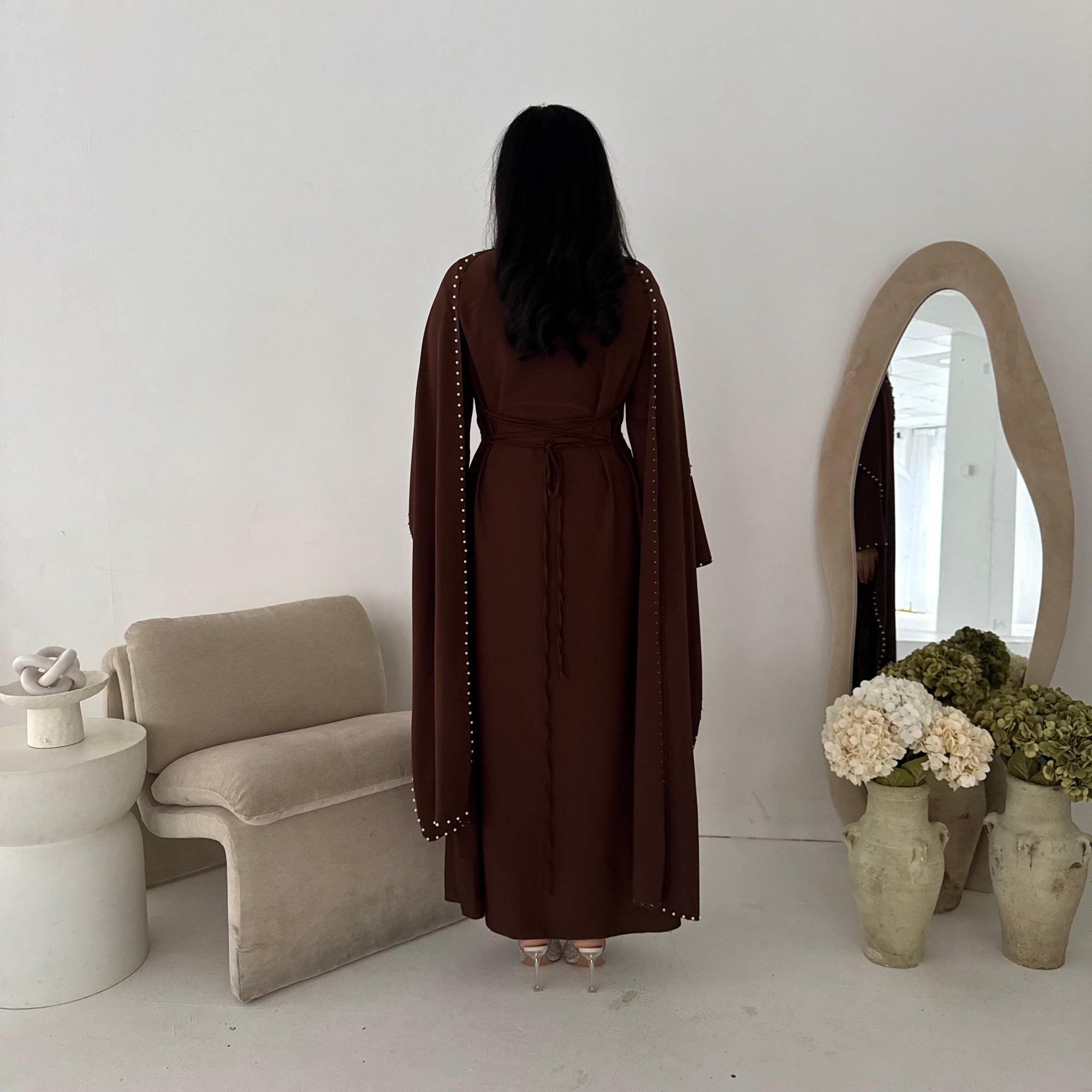 modest dress brown Brown Satin Modest Long Drape Sleeves 2 Piece Dress Set 8