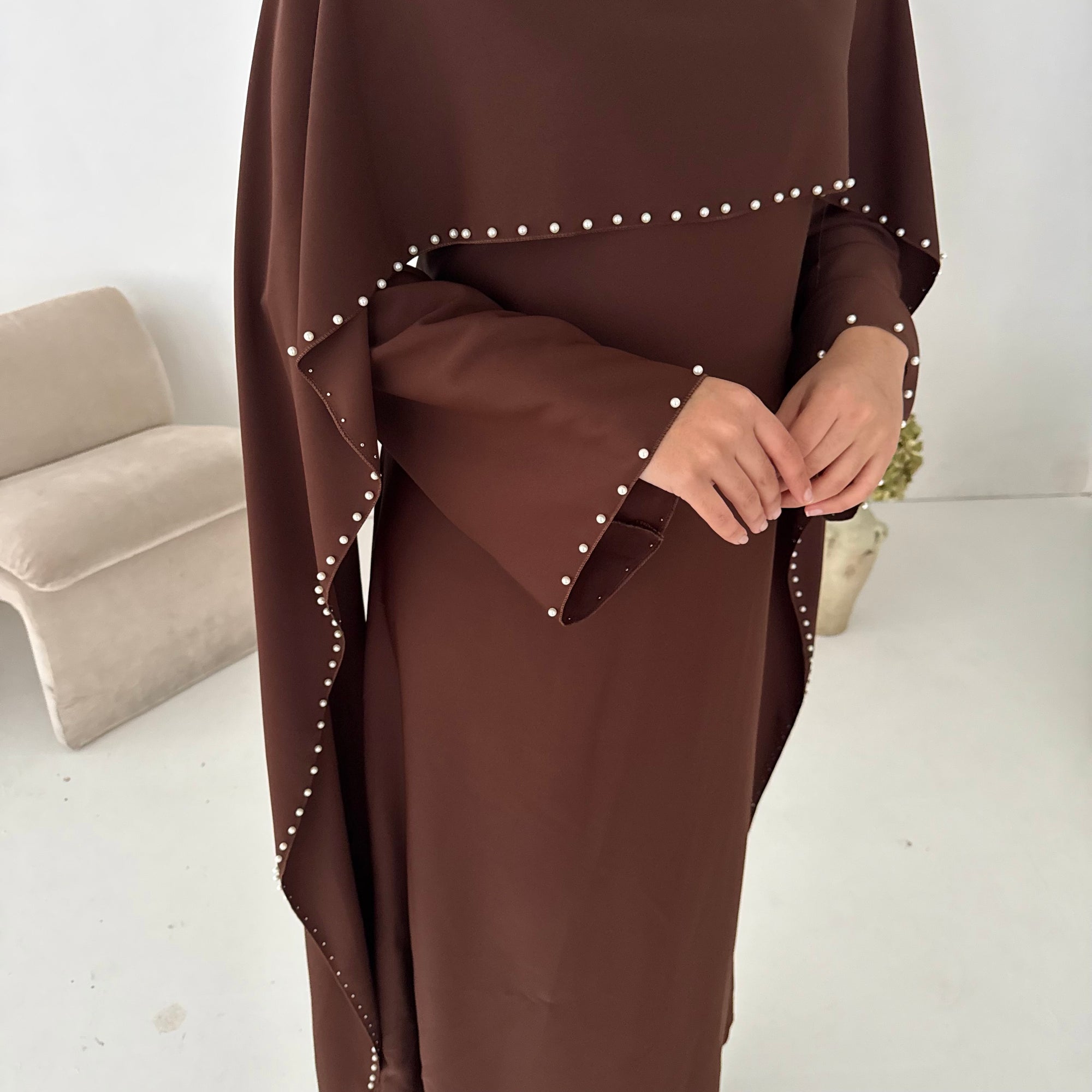 Sherin Brown Pearl Detail Modest Dress – House Of Haniya Sherin Brown Pearl Detail Modest Dress – House Of Haniya