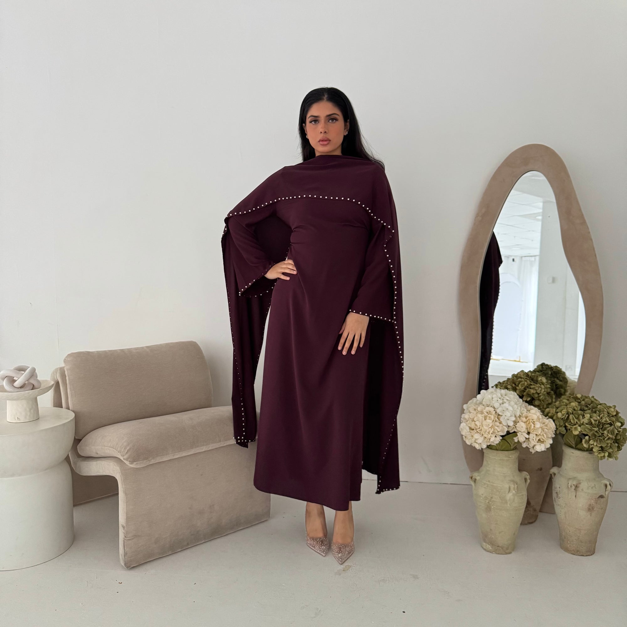 Sherin Plum Pearl Detail Modest Dress