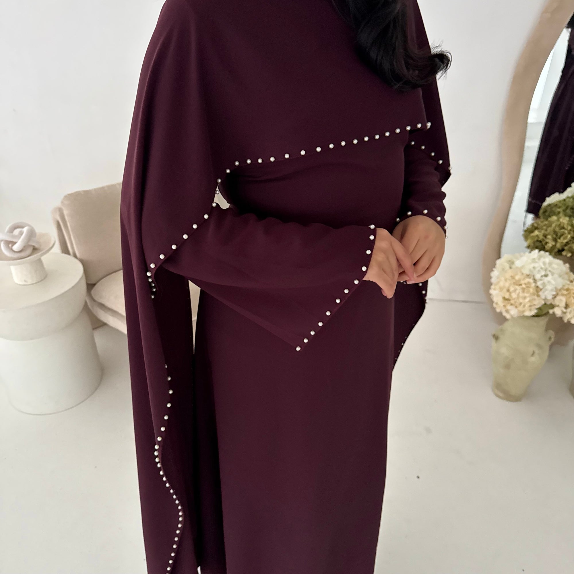 Sherin Plum Pearl Detail Modest Dress