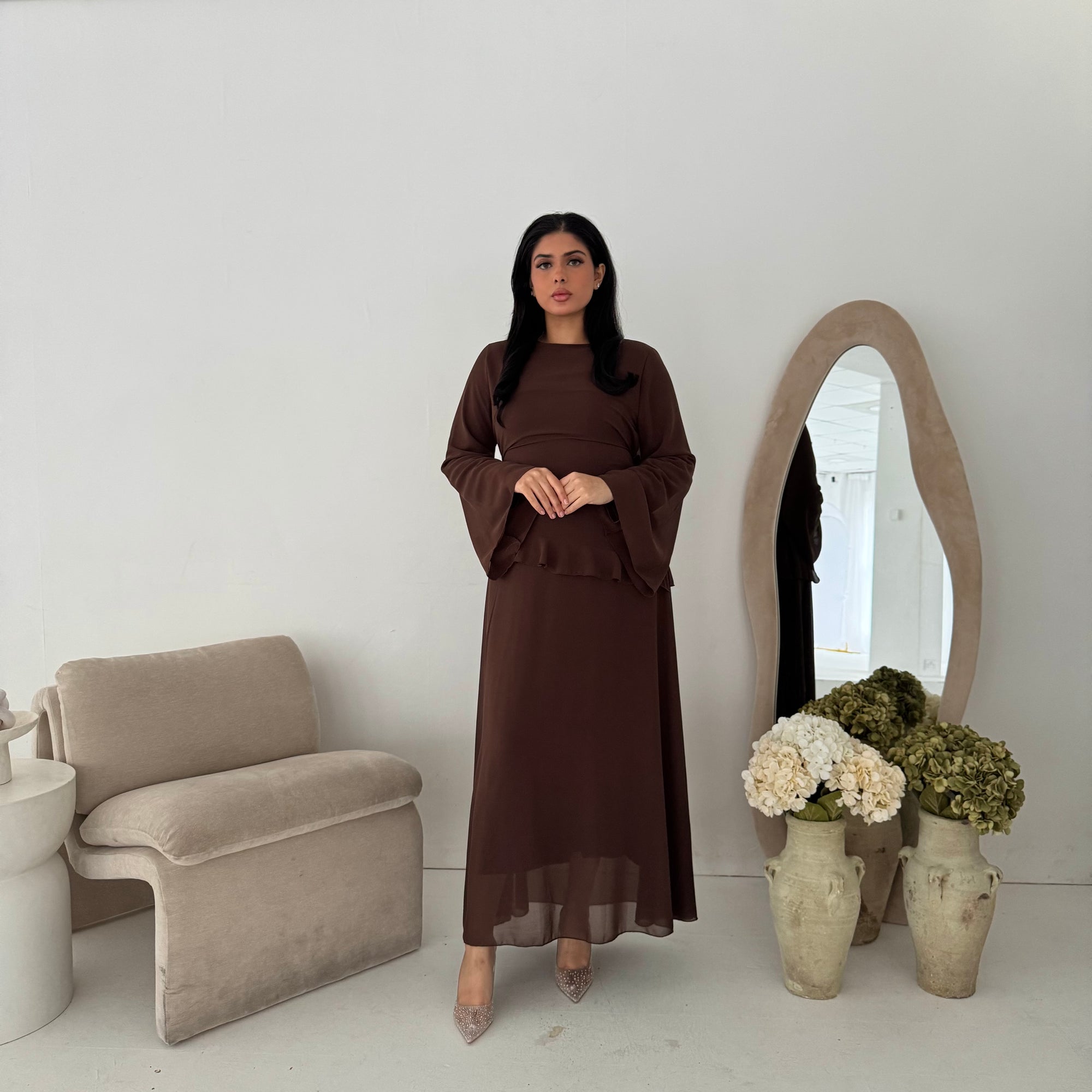 Lila Brown Mesh Frill Detail Lined Dress