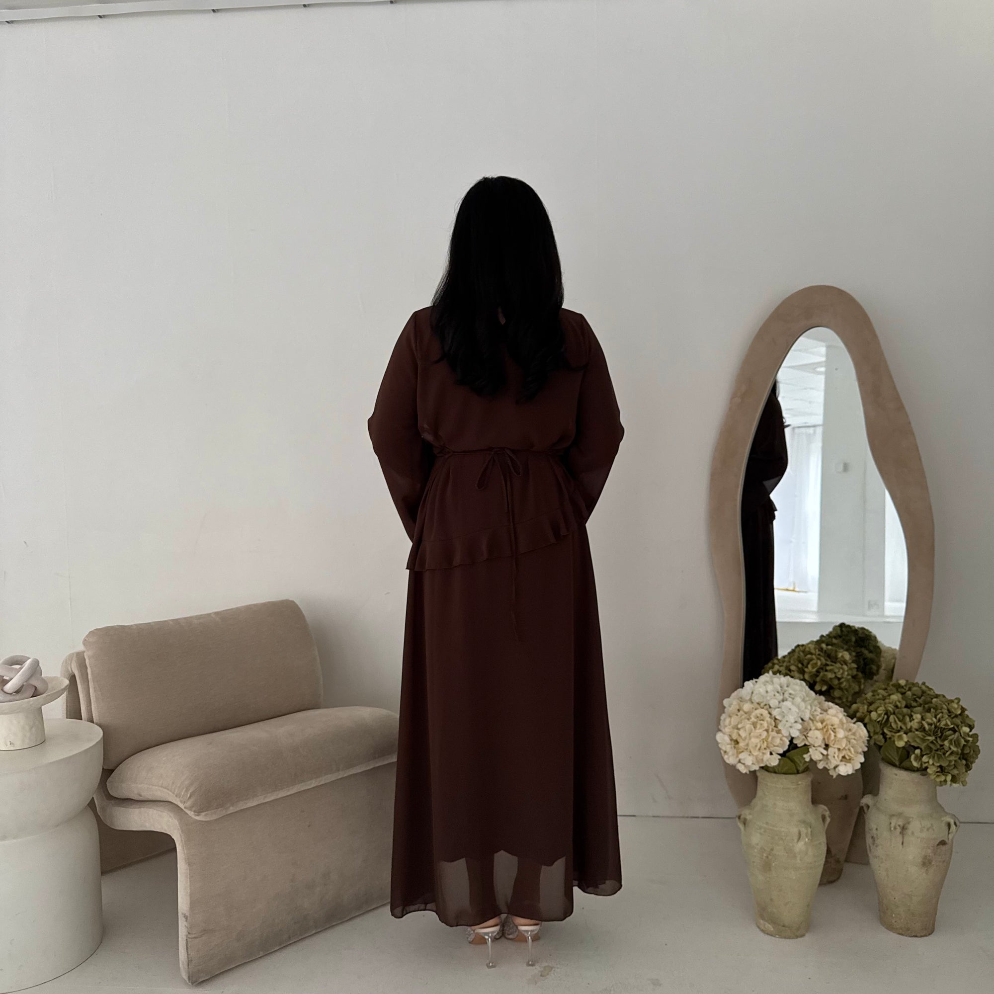 Lila Brown Mesh Frill Detail Lined Dress