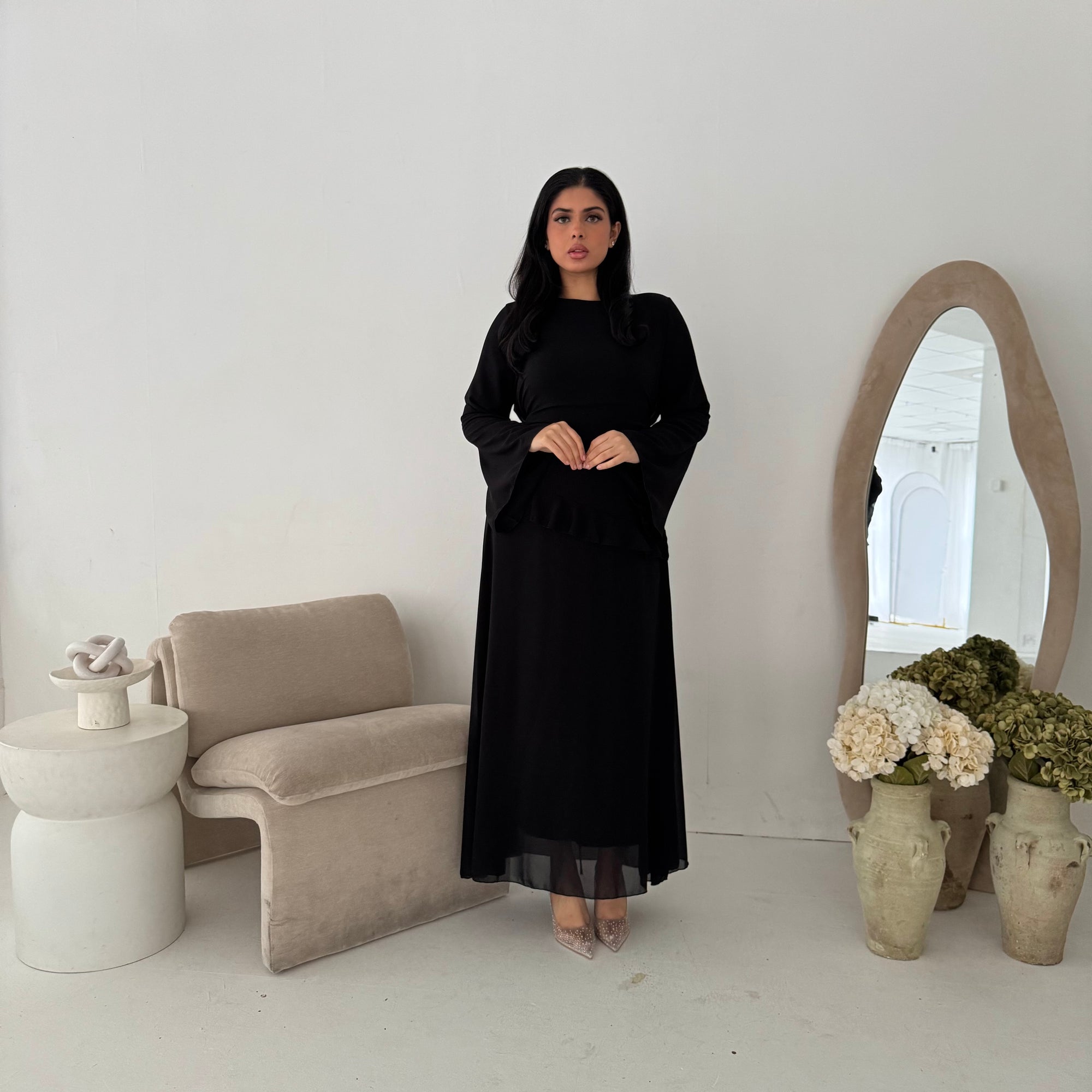 Lila Black Mesh Frill Detail Lined Dress