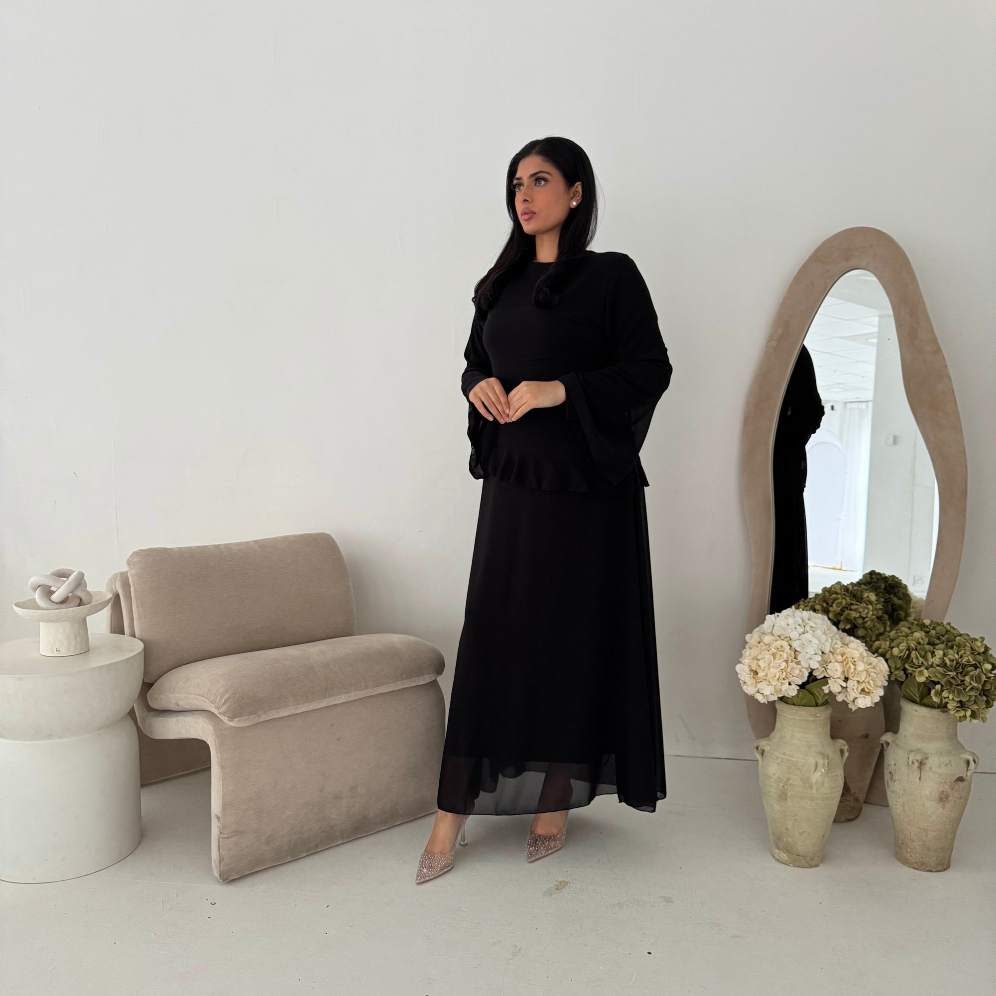 Lila Black Mesh Frill Detail Lined Dress