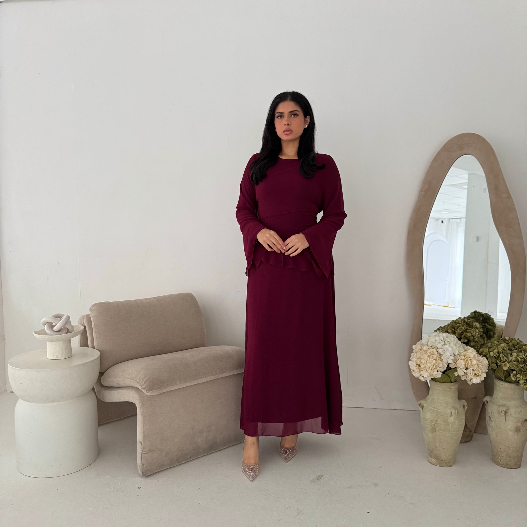 Lila Wine Mesh Frill Detail Lined Dress