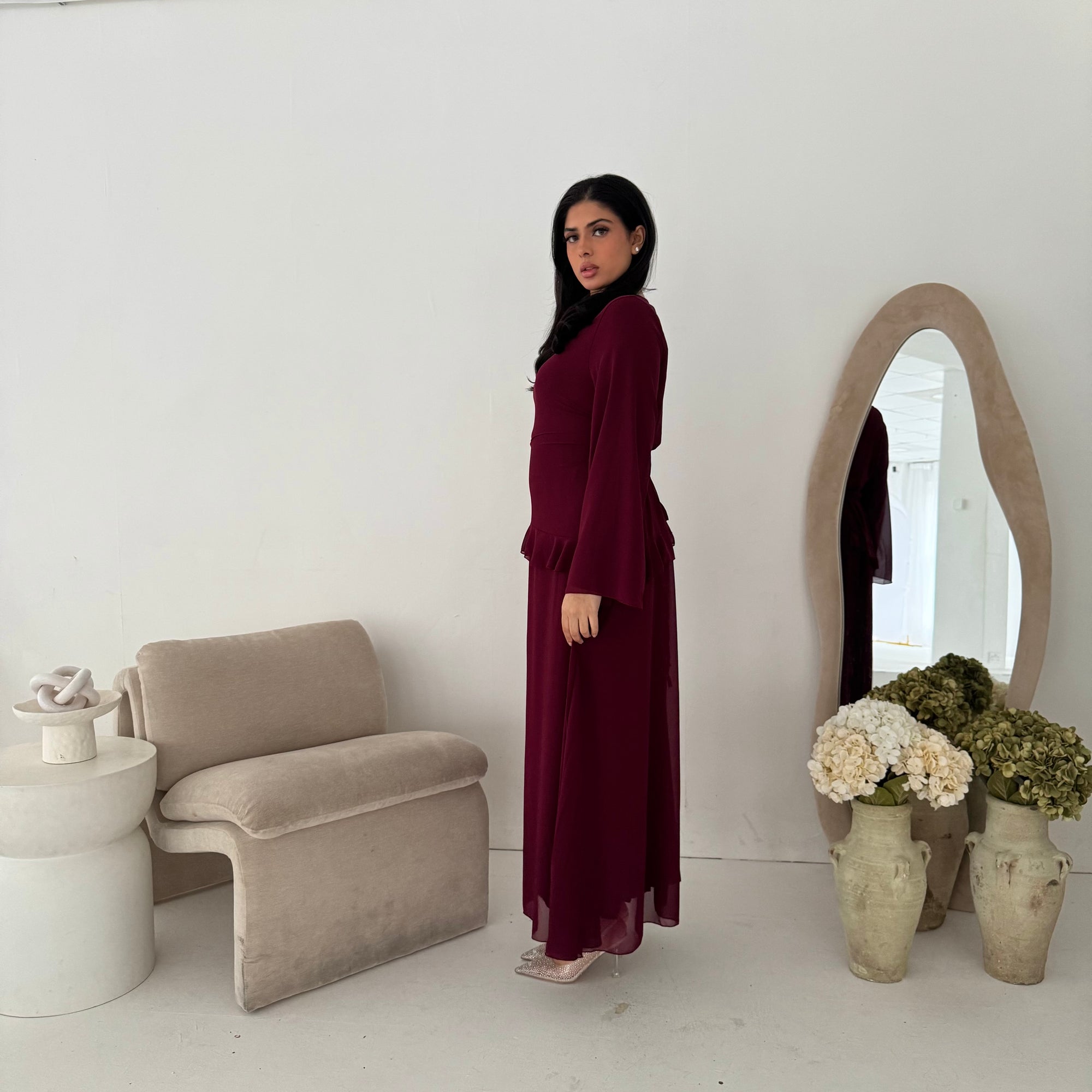 Lila Wine Mesh Frill Detail Lined Dress