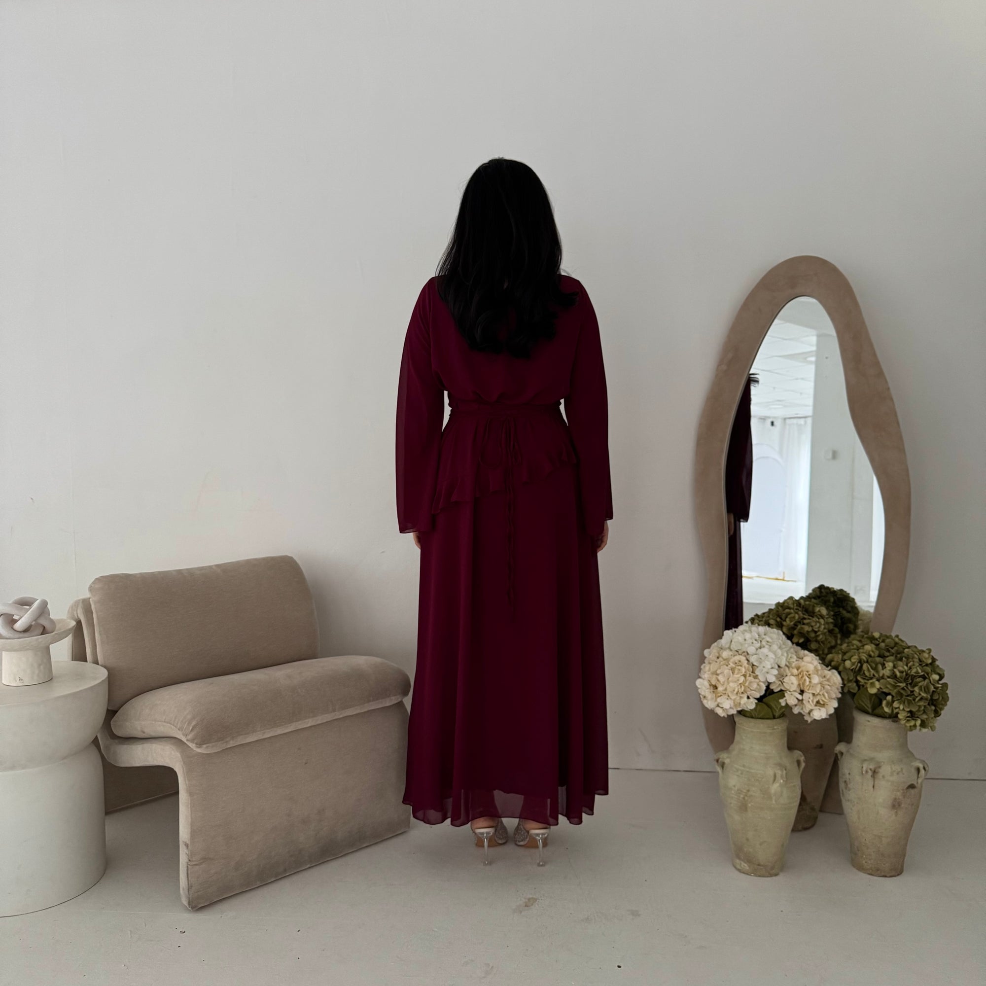 Lila Wine Mesh Frill Detail Lined Dress