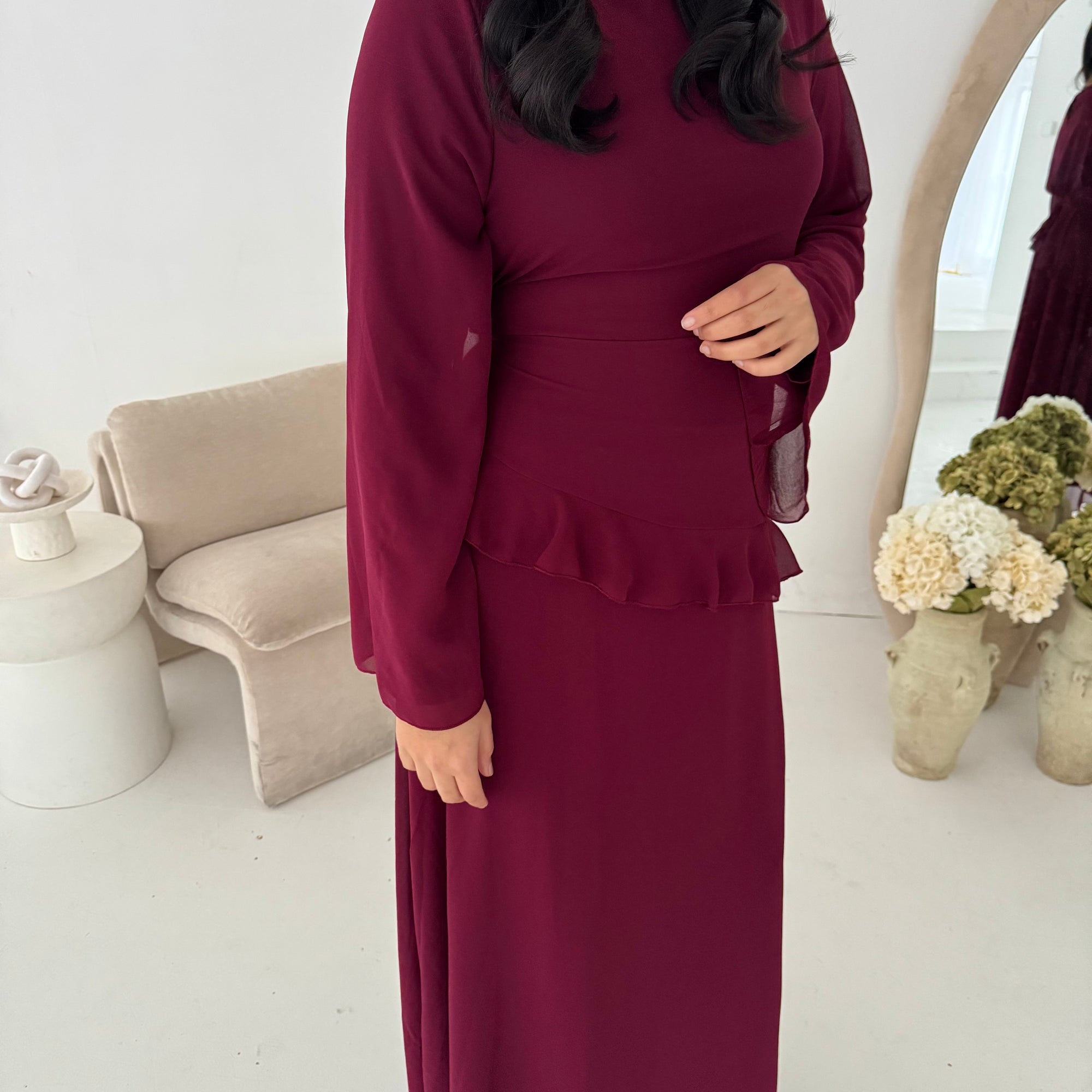 Lila Wine Mesh Frill Detail Lined Dress