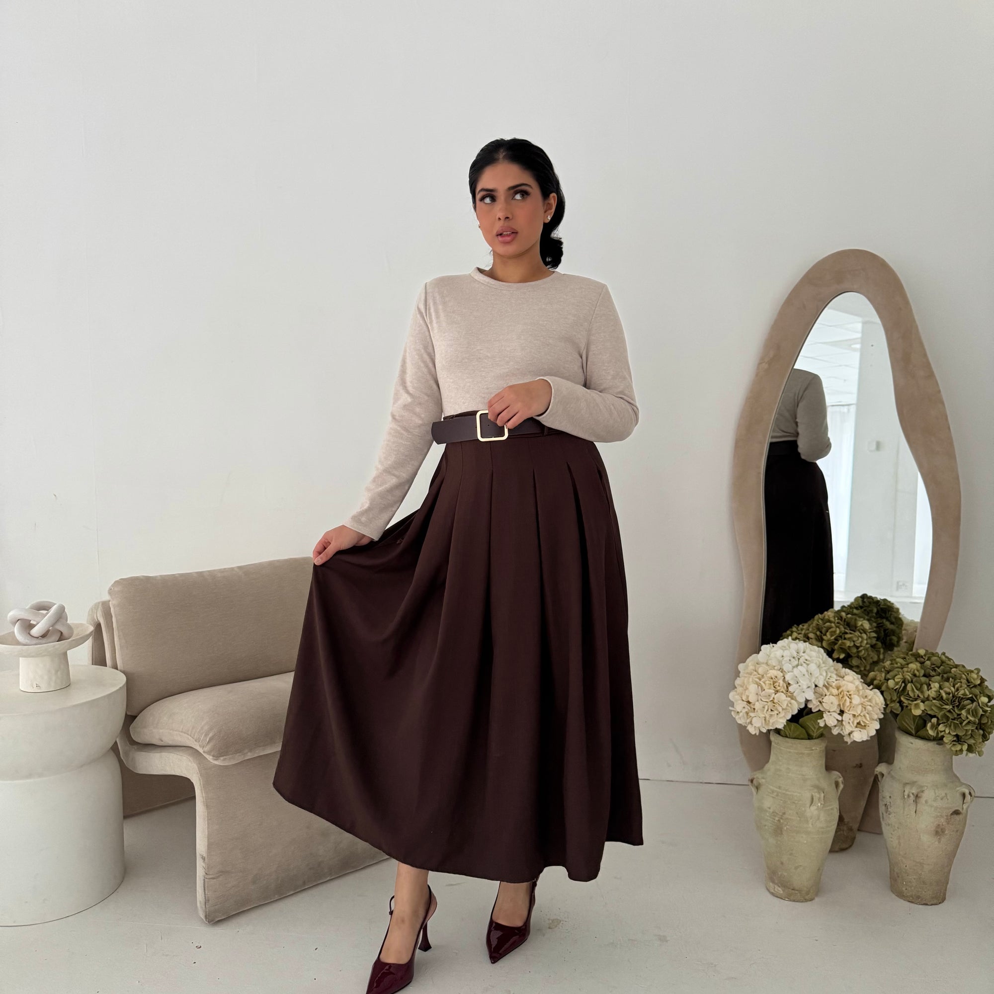 Evera Brown Soft Rib Top Skirt Belted Dress