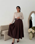 Evera Brown Soft Rib Top Skirt Belted Dress
