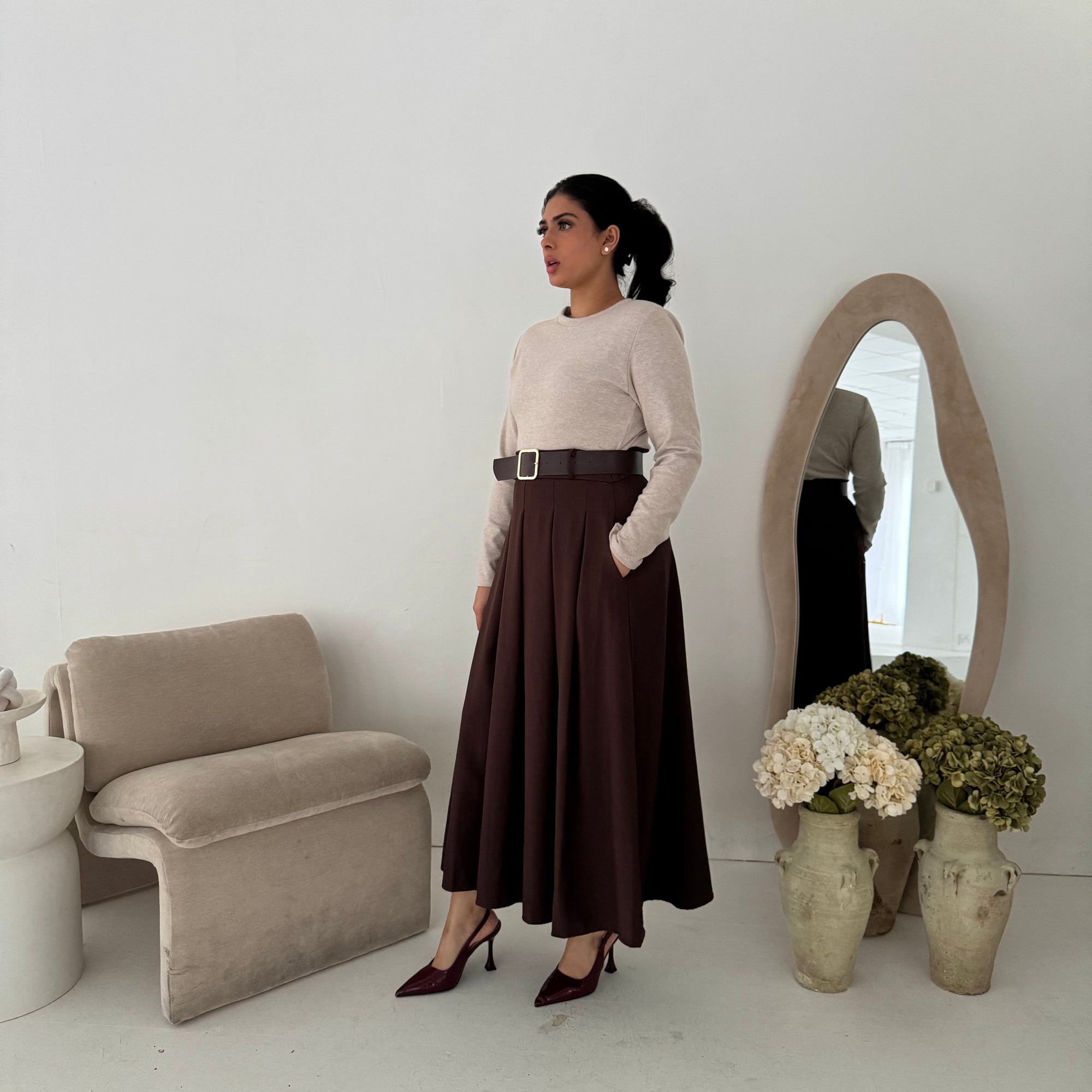 Evera Brown Soft Rib Top Skirt Belted Dress