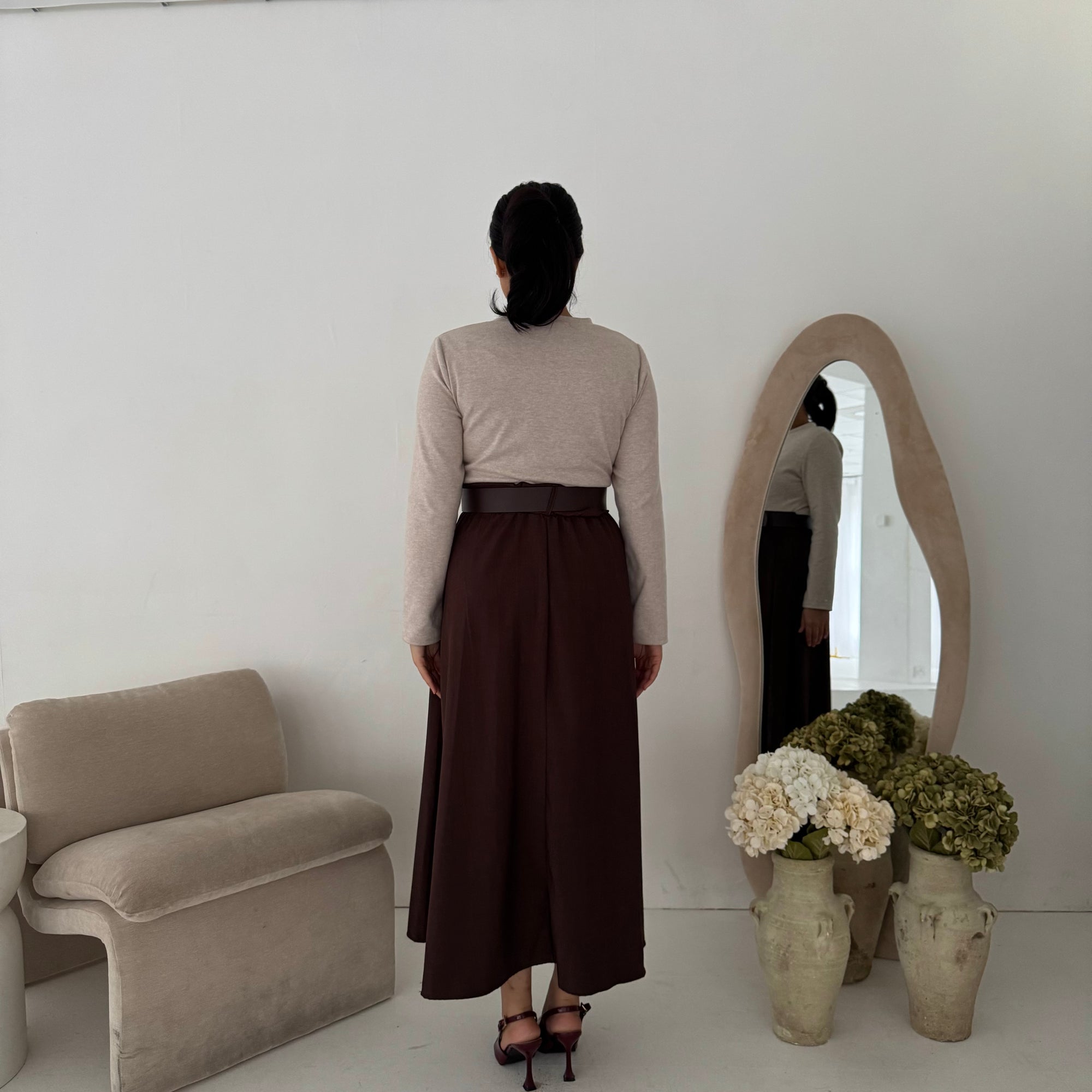 Evera Brown Soft Rib Top Skirt Belted Dress