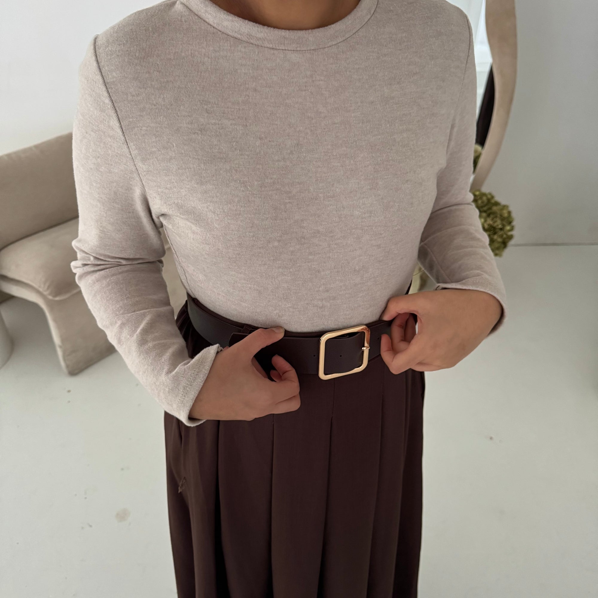 Evera Brown Soft Rib Top Skirt Belted Dress