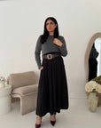 Evera Black Soft Rib Top Skirt Belted Dress