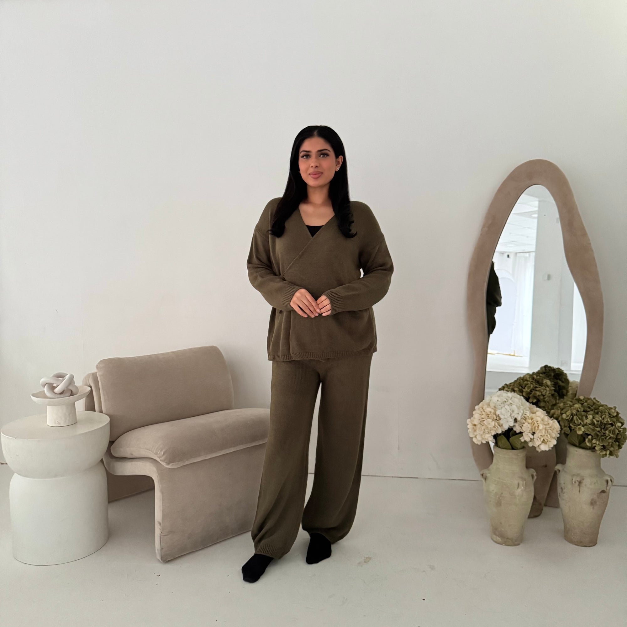 Harper Khaki Plain Knitted Wrap Trouser Co Ord