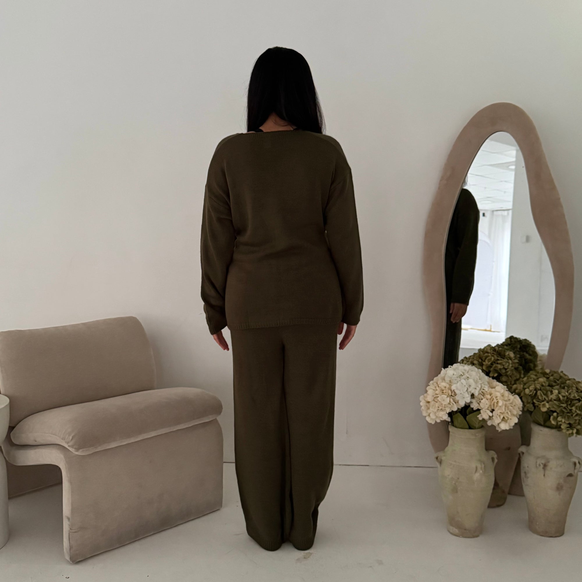 Harper Khaki Plain Knitted Wrap Trouser Co Ord