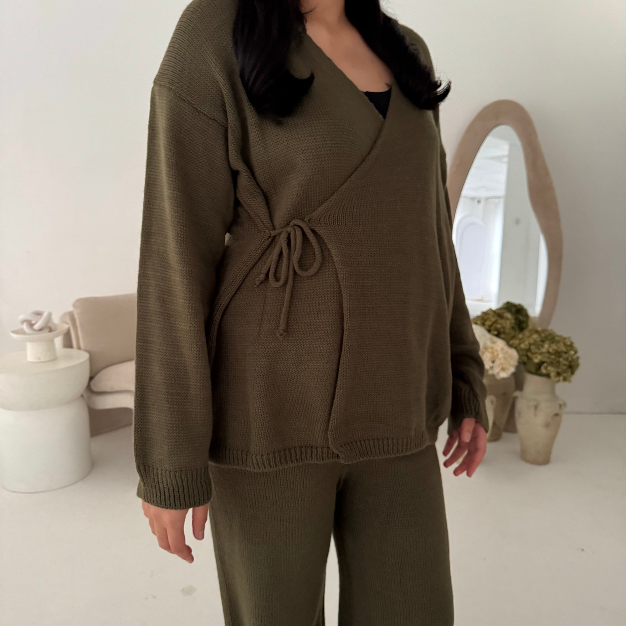 Harper Khaki Plain Knitted Wrap Trouser Co Ord