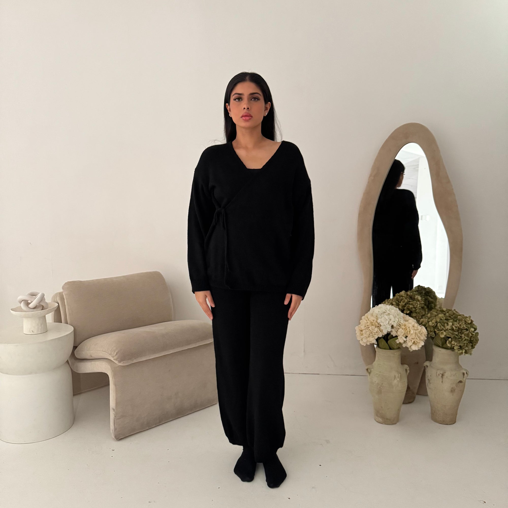 Harper Black Plain Knitted Wrap Trouser Co Ord