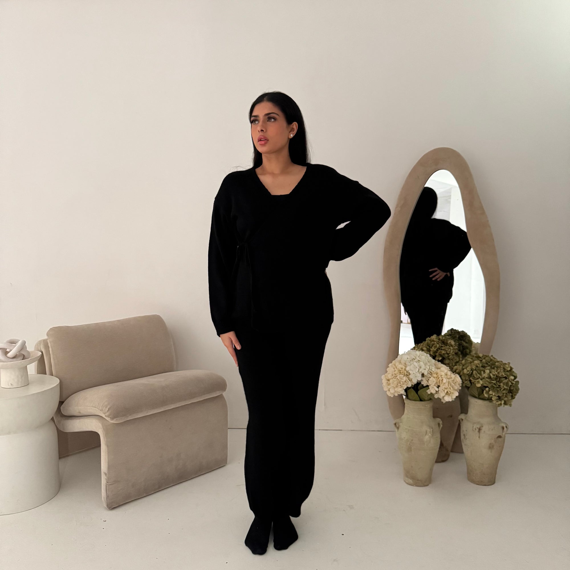 Harper Black Plain Knitted Wrap Trouser Co Ord