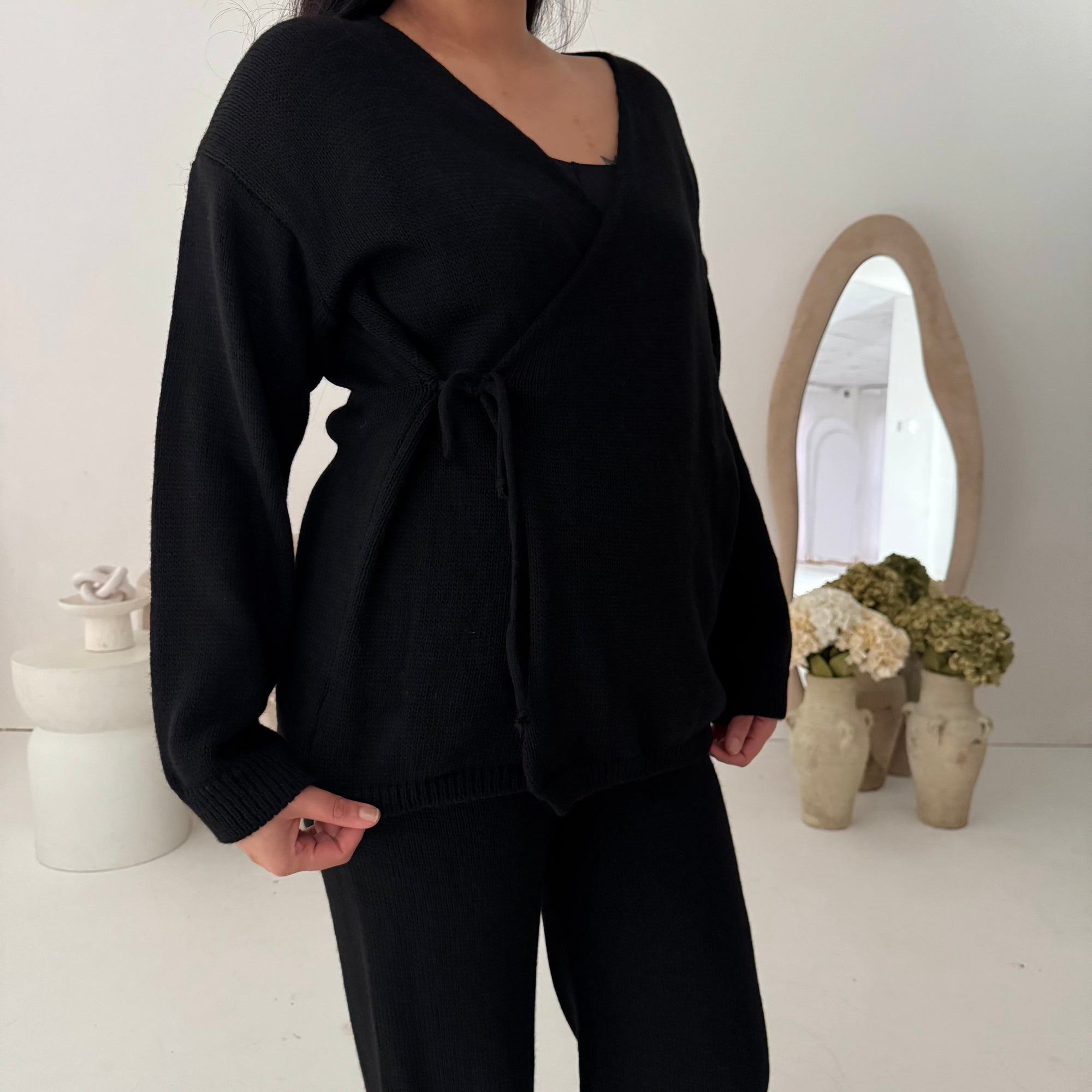 Harper Black Plain Knitted Wrap Trouser Co Ord