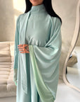 Maya Mint Satin Kaftan With Neck Scarf Dress