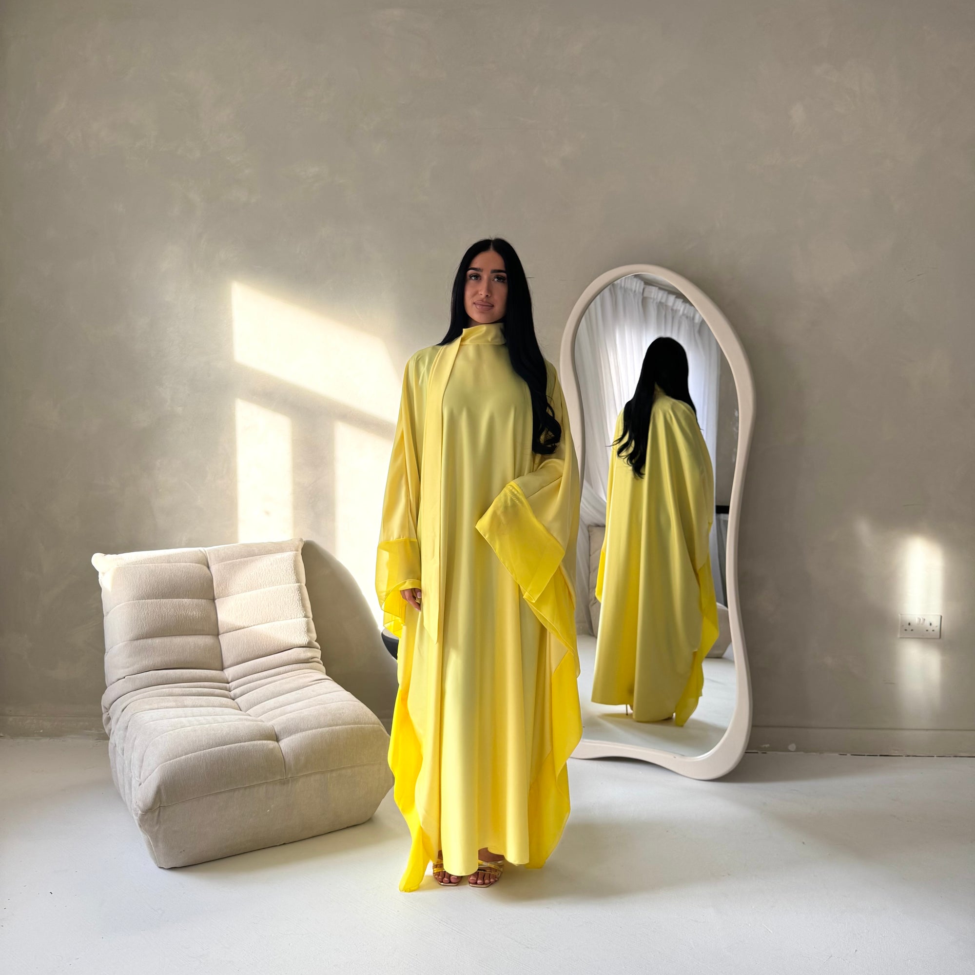 Maya Yellow Satin Kaftan With Neck Scarf Dress – House Of Haniya Maya Yellow Satin Kaftan With Neck Scarf Dress – House Of Haniya