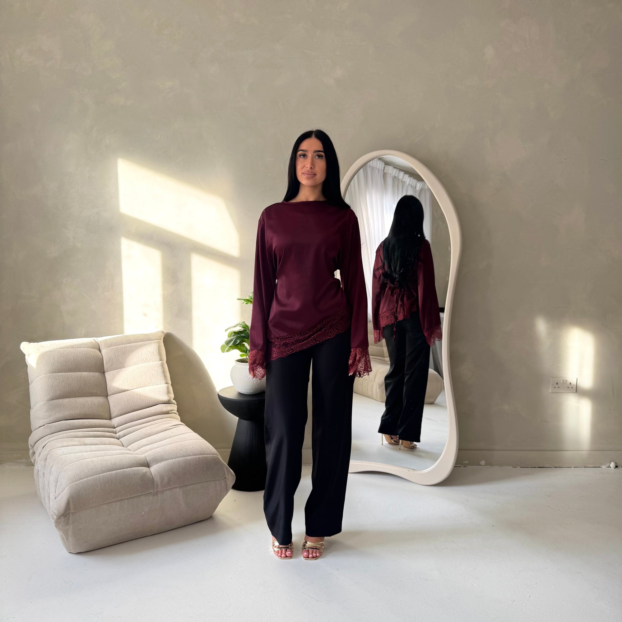 Hayat Wine Satin Tie back Lace Detail Top