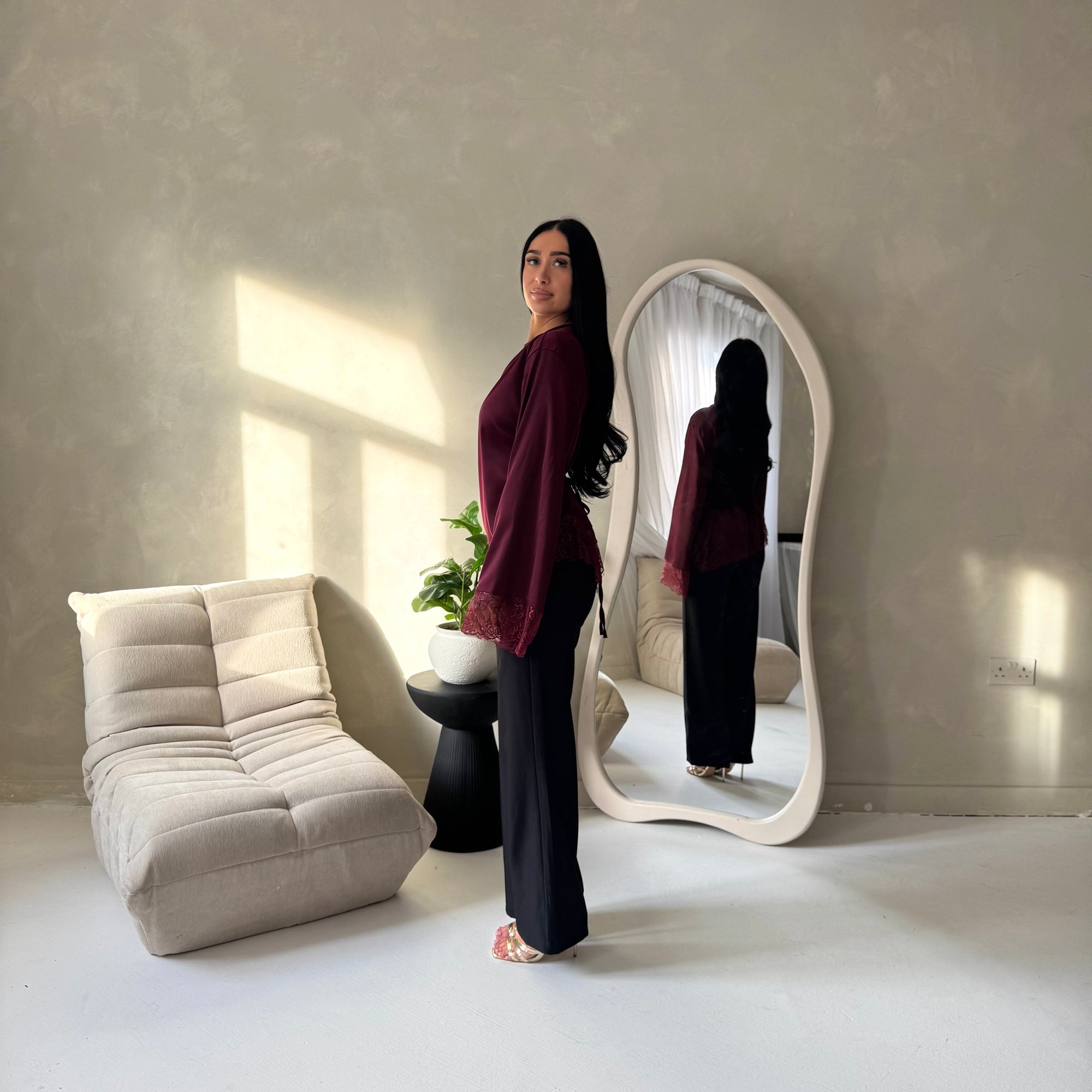 Hayat Wine Satin Tie back Lace Detail Top