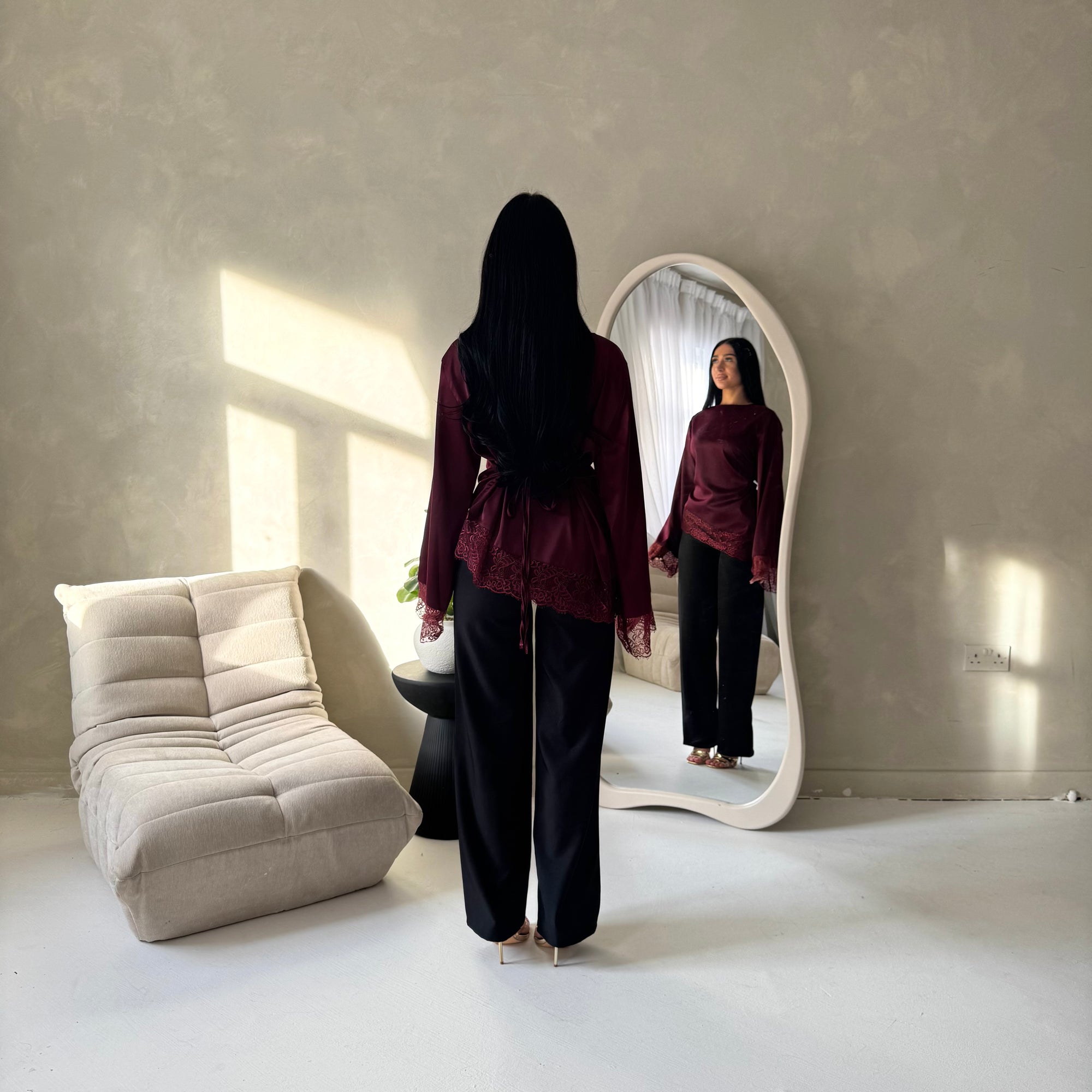 Hayat Wine Satin Tie back Lace Detail Top